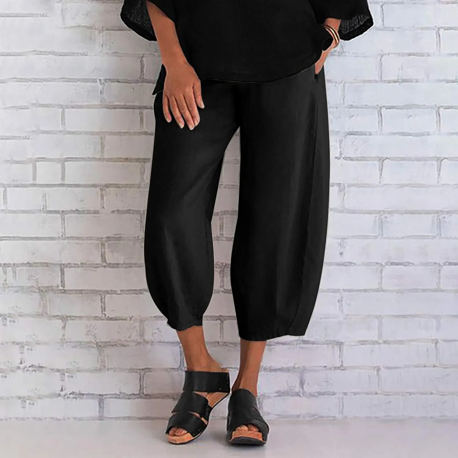 Ceboyel Women's Boho Casual Linen Pants Wide Leg Capri Pants Relax Fit Cute Baggy Pants Summer Beach Lounge Trousers 2023
