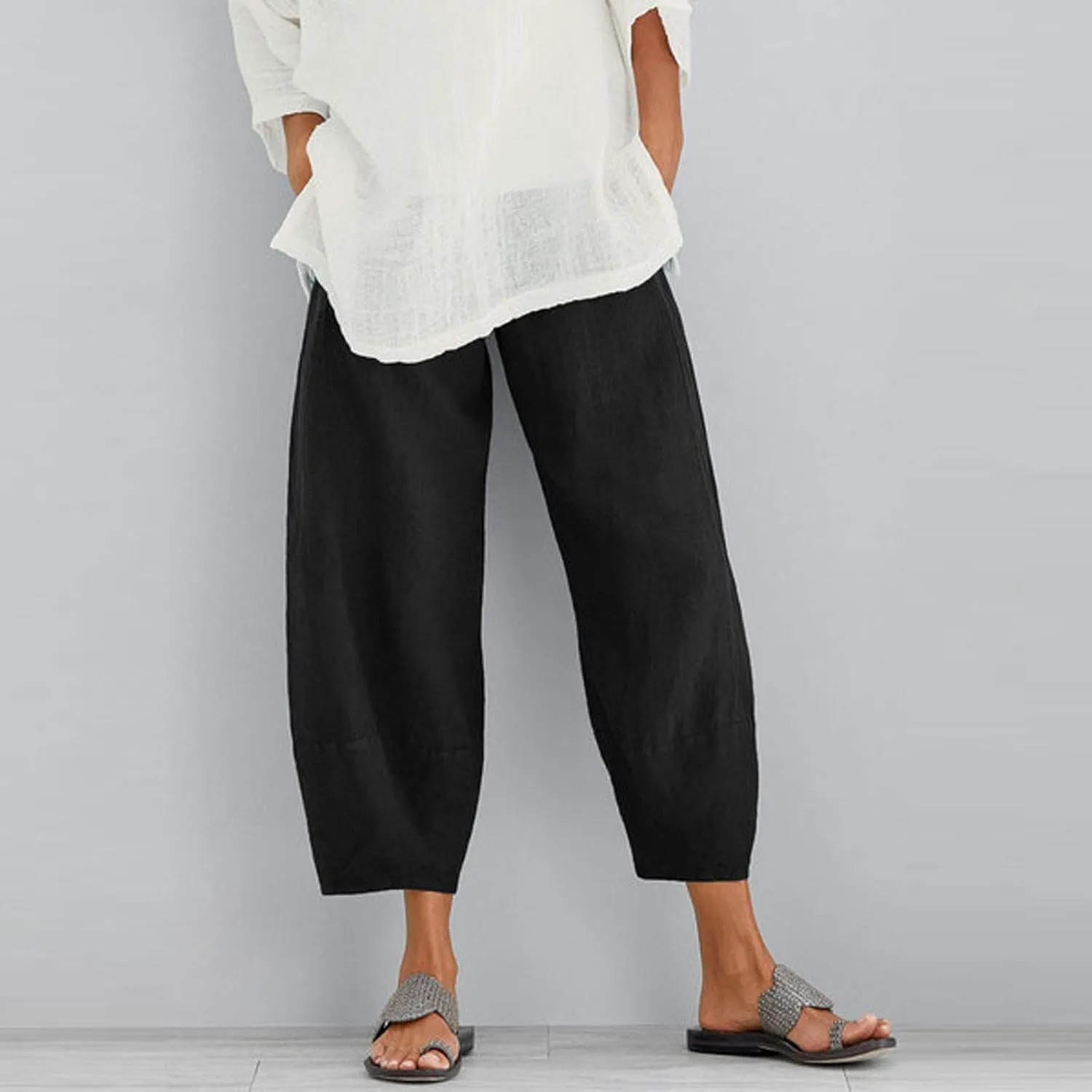 Ceboyel Women's Boho Casual Linen Pants Wide Leg Capri Pants Relax Fit Cute Baggy Pants Summer Beach Lounge Trousers 2023