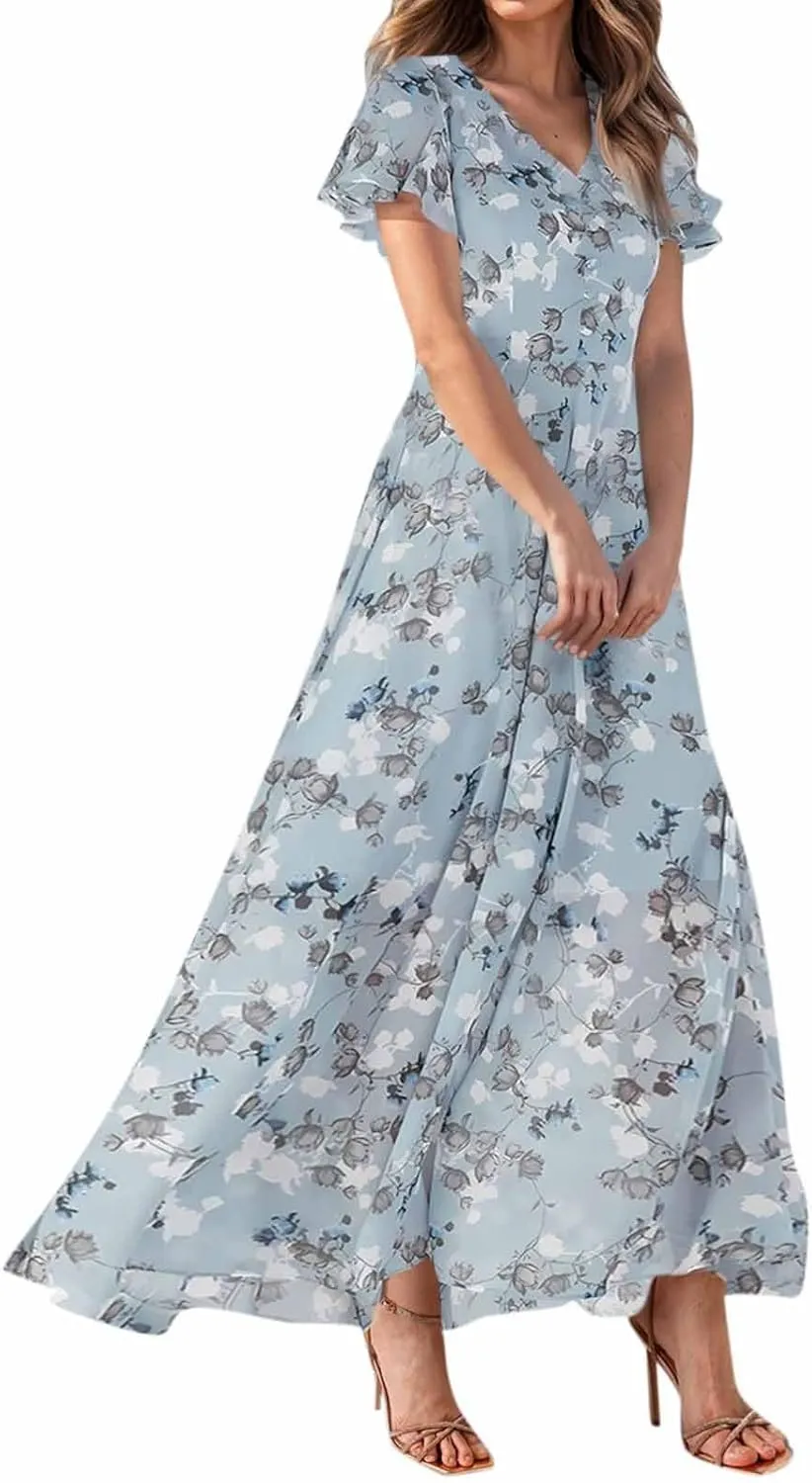 Chiffon Dresses for Women 2025 Elegant Flutter Sleeve Long Flowy Floral Maxi Dress Womens Plus Size Summer Dresses