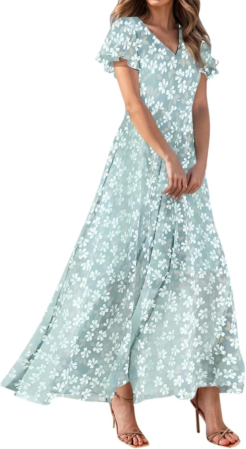 Chiffon Dresses for Women 2025 Elegant Flutter Sleeve Long Flowy Floral Maxi Dress Womens Plus Size Summer Dresses