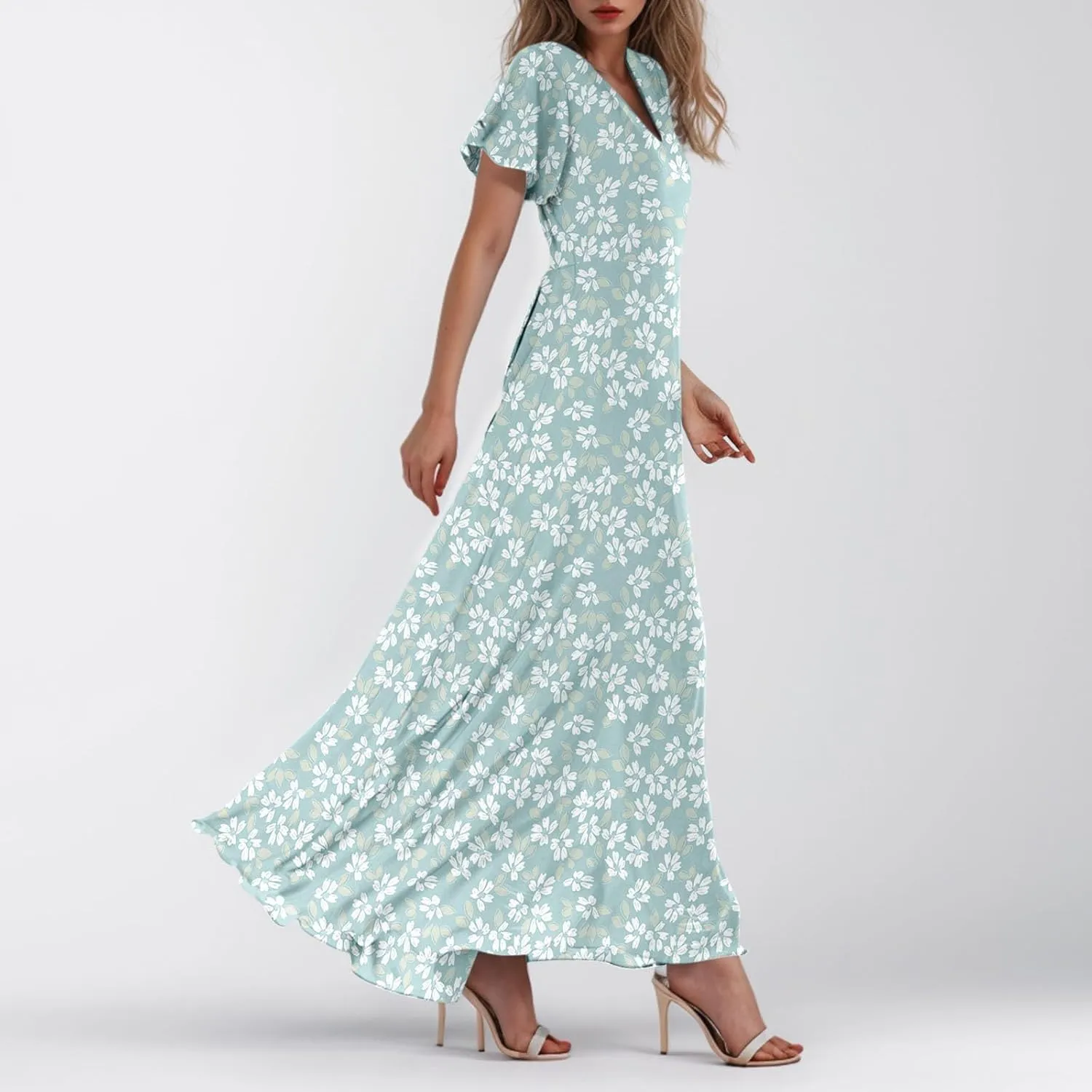 Chiffon Dresses for Women 2025 Elegant Flutter Sleeve Long Flowy Floral Maxi Dress Womens Plus Size Summer Dresses