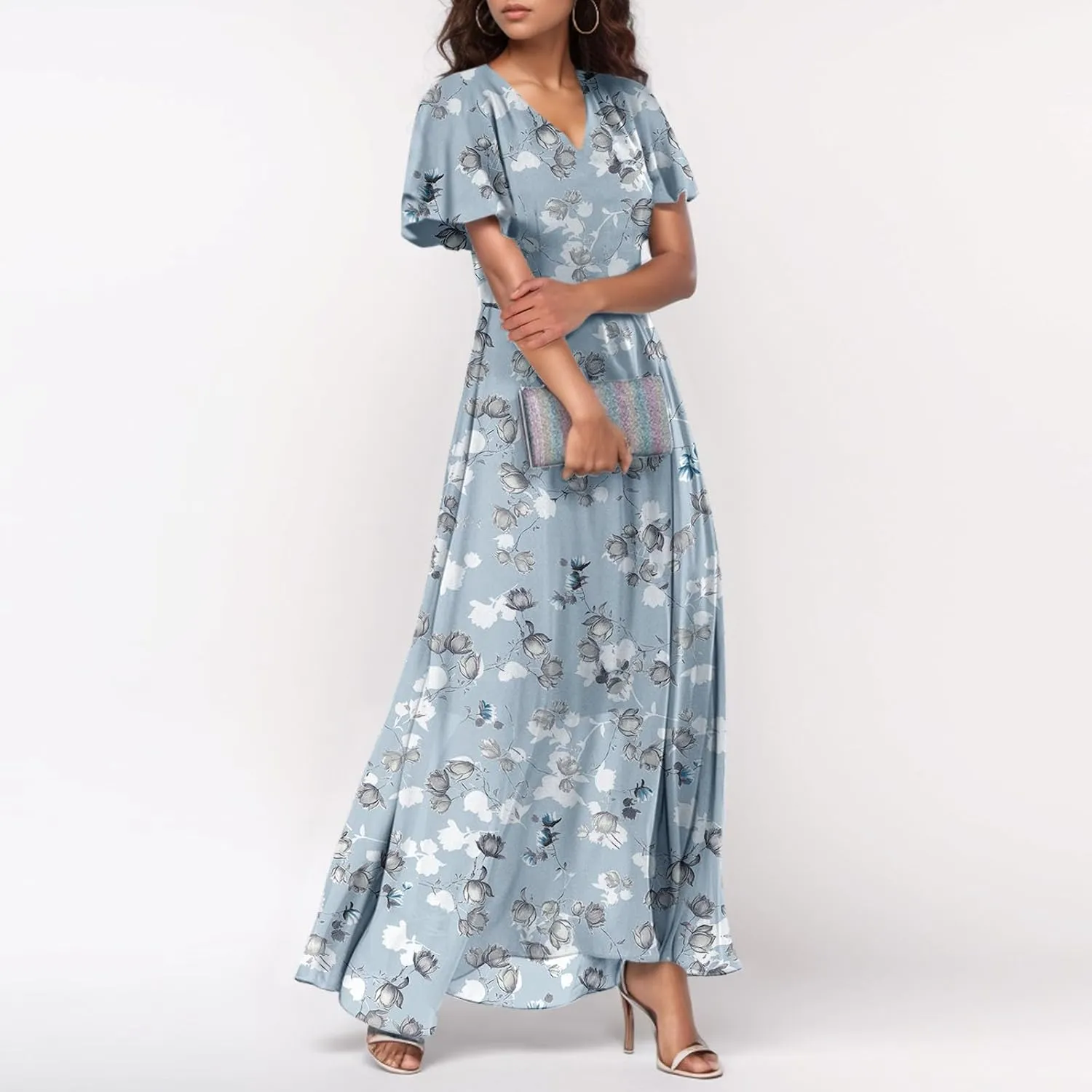 Chiffon Dresses for Women 2025 Elegant Flutter Sleeve Long Flowy Floral Maxi Dress Womens Plus Size Summer Dresses
