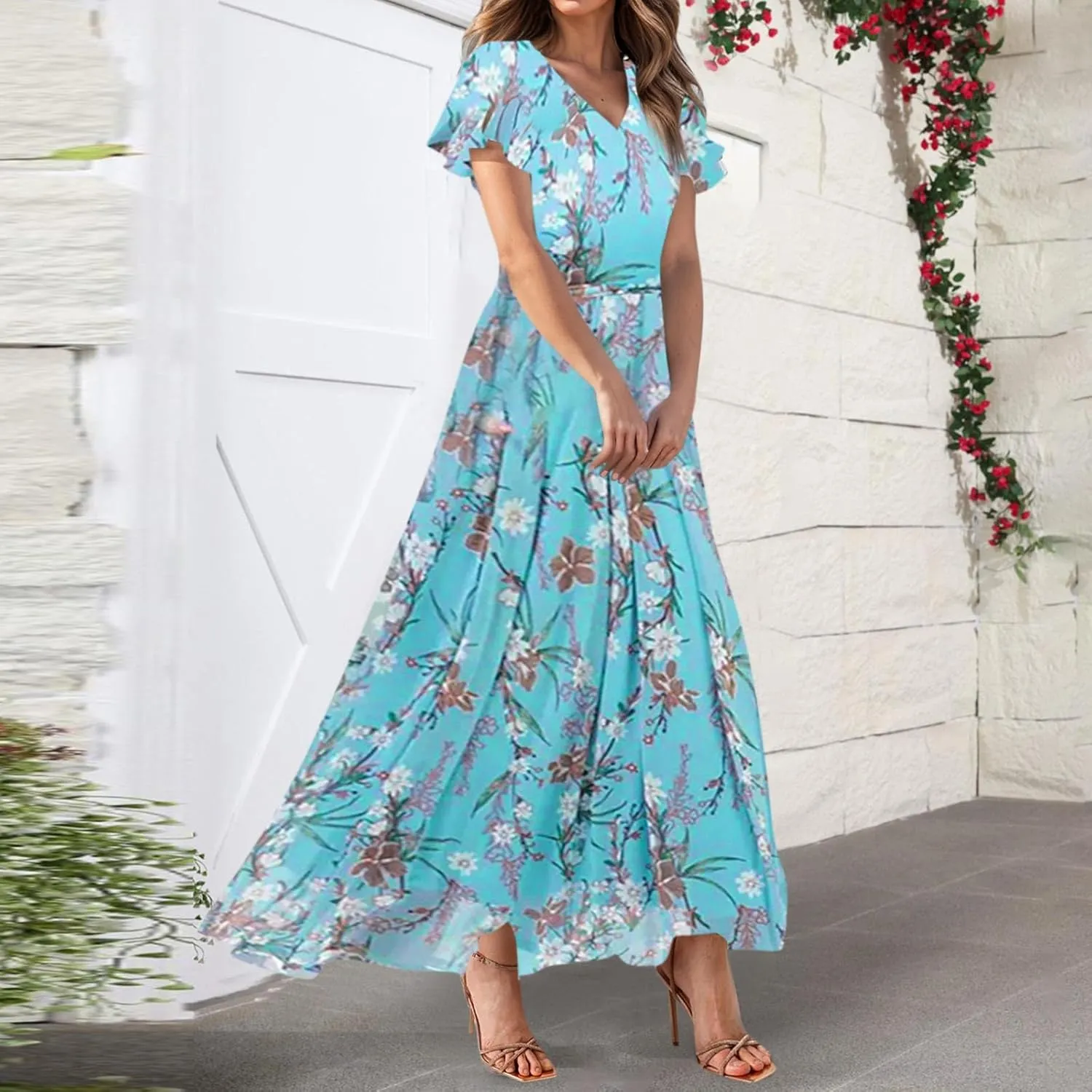 Chiffon Dresses for Women 2025 Elegant Flutter Sleeve Long Flowy Floral Maxi Dress Womens Plus Size Summer Dresses