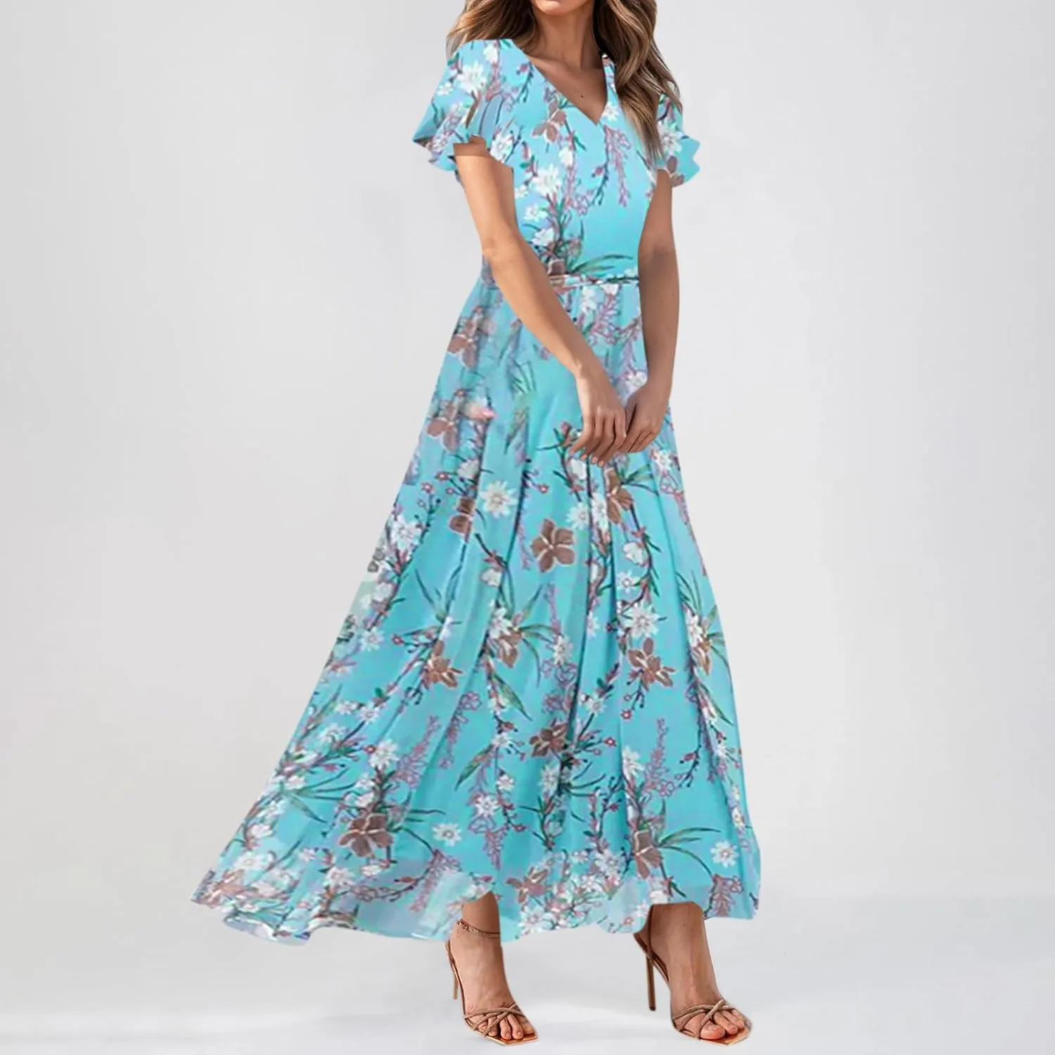 Chiffon Dresses for Women 2025 Elegant Flutter Sleeve Long Flowy Floral Maxi Dress Womens Plus Size Summer Dresses