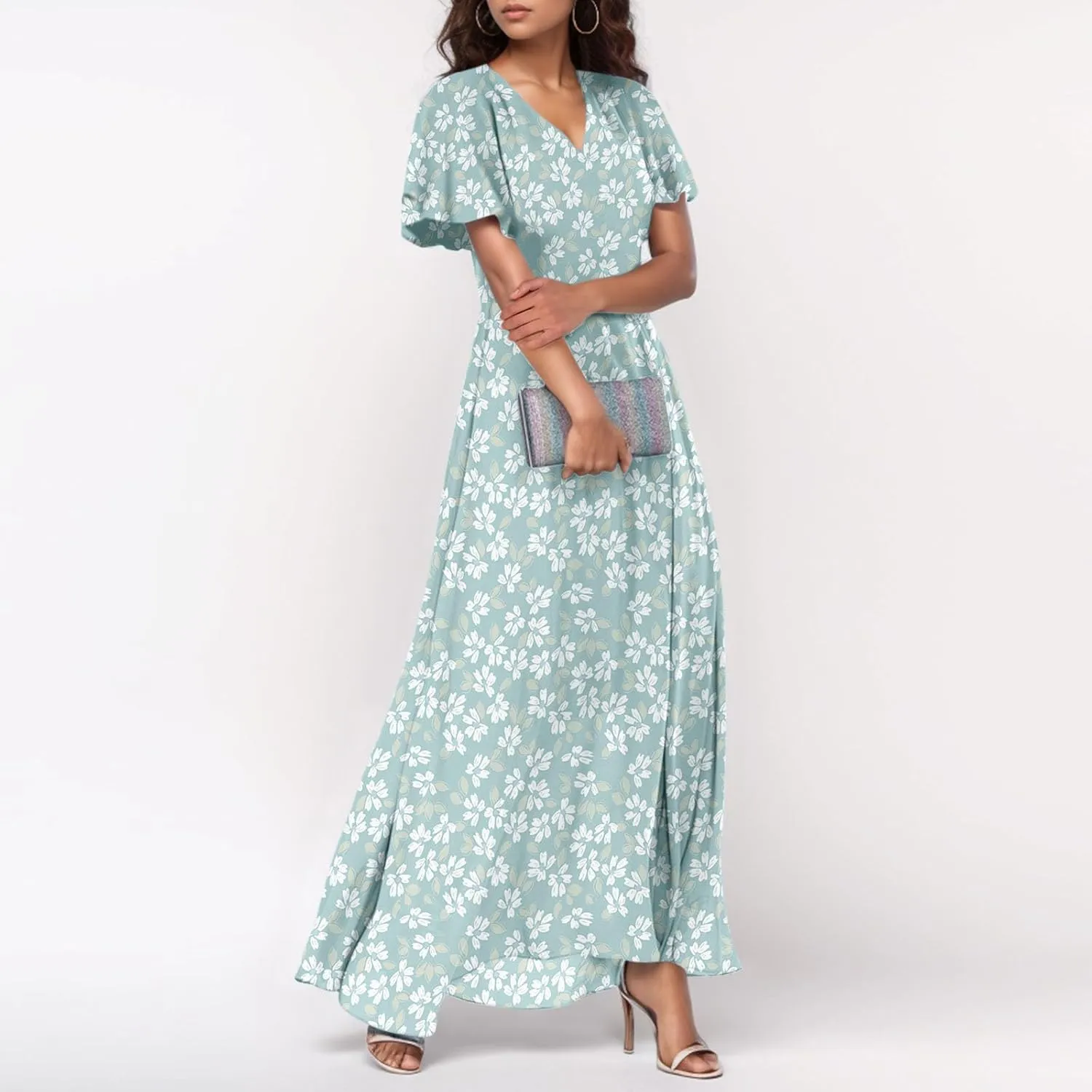 Chiffon Dresses for Women 2025 Elegant Flutter Sleeve Long Flowy Floral Maxi Dress Womens Plus Size Summer Dresses