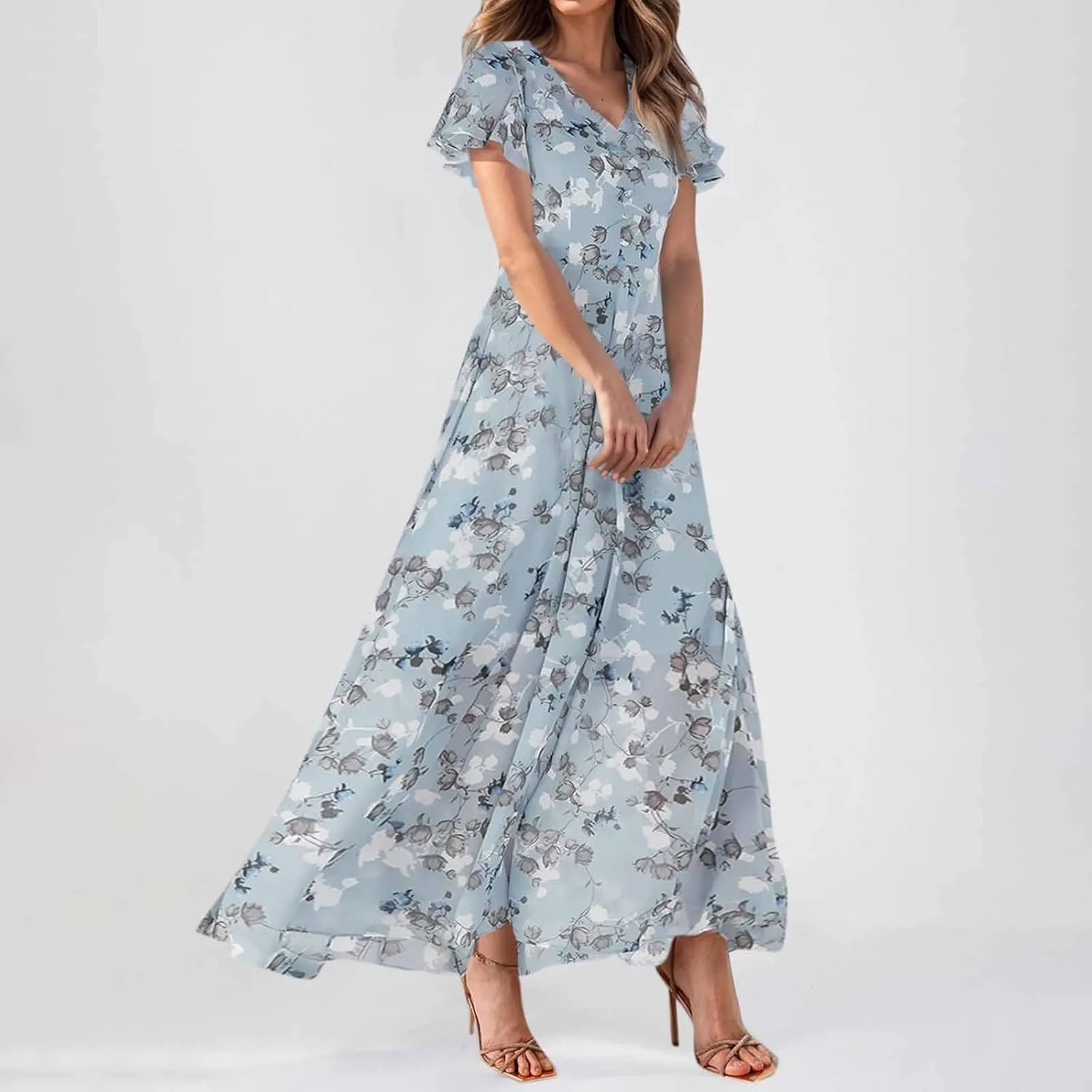 Chiffon Dresses for Women 2025 Elegant Flutter Sleeve Long Flowy Floral Maxi Dress Womens Plus Size Summer Dresses