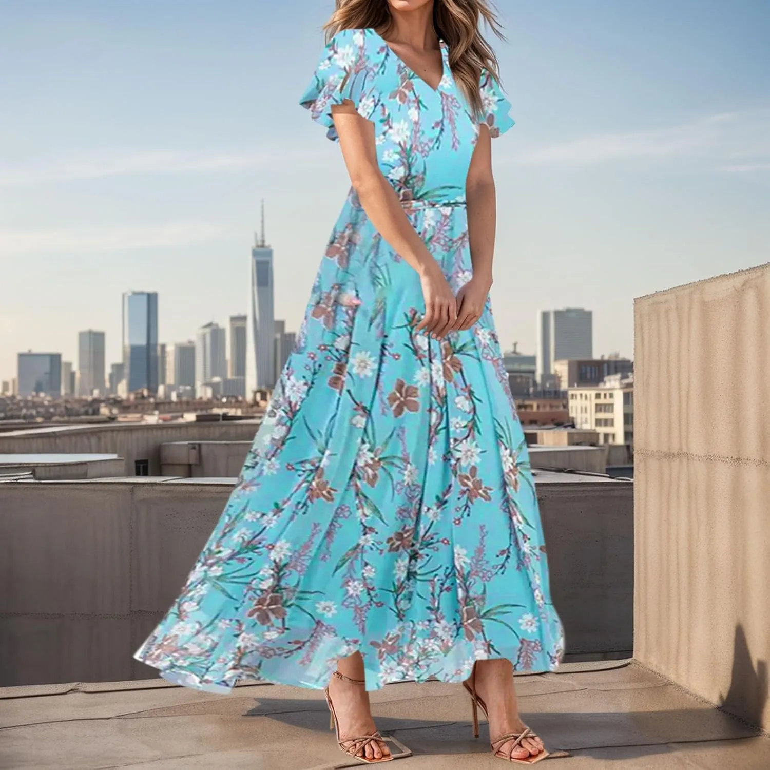 Chiffon Dresses for Women 2025 Elegant Flutter Sleeve Long Flowy Floral Maxi Dress Womens Plus Size Summer Dresses