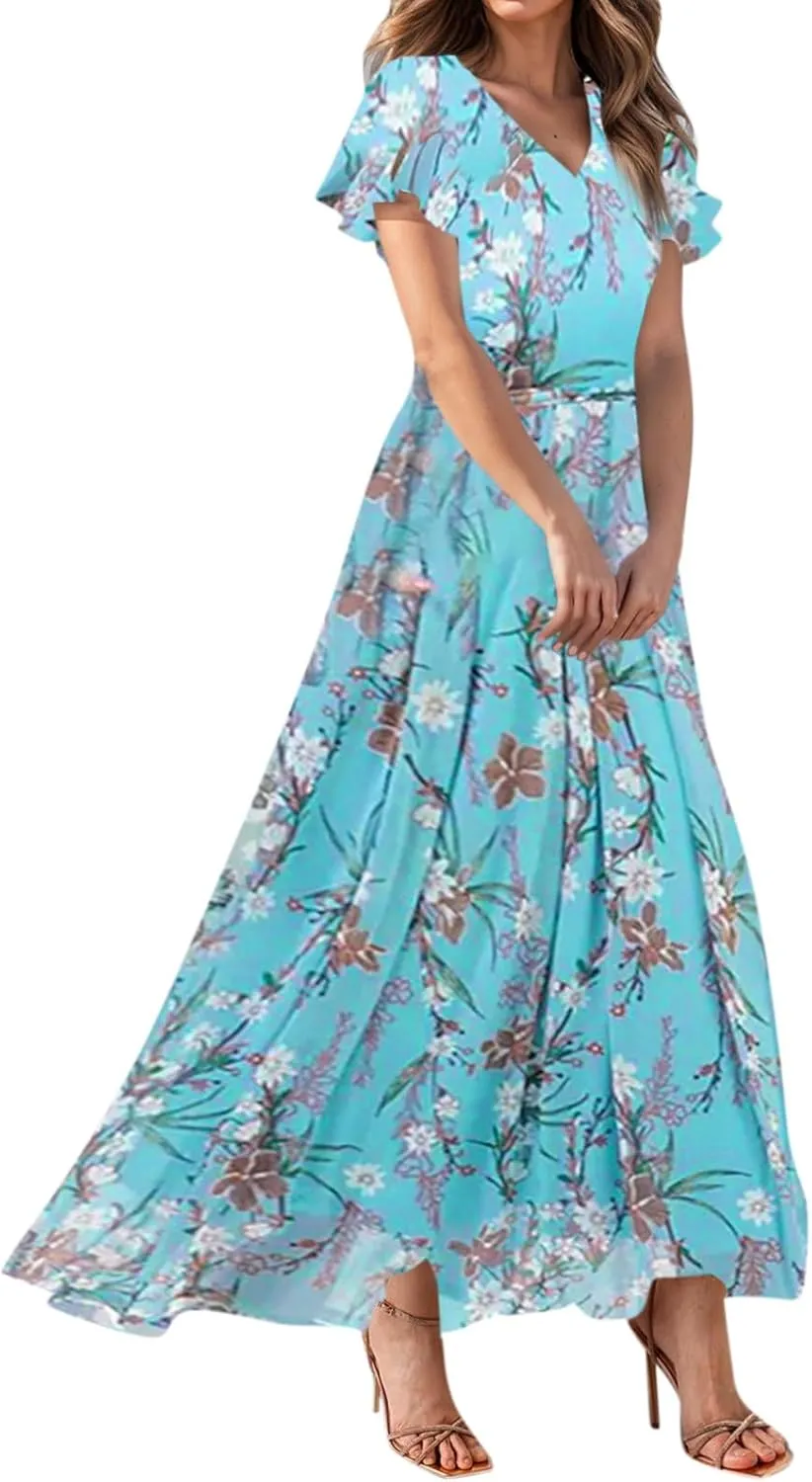Chiffon Dresses for Women 2025 Elegant Flutter Sleeve Long Flowy Floral Maxi Dress Womens Plus Size Summer Dresses