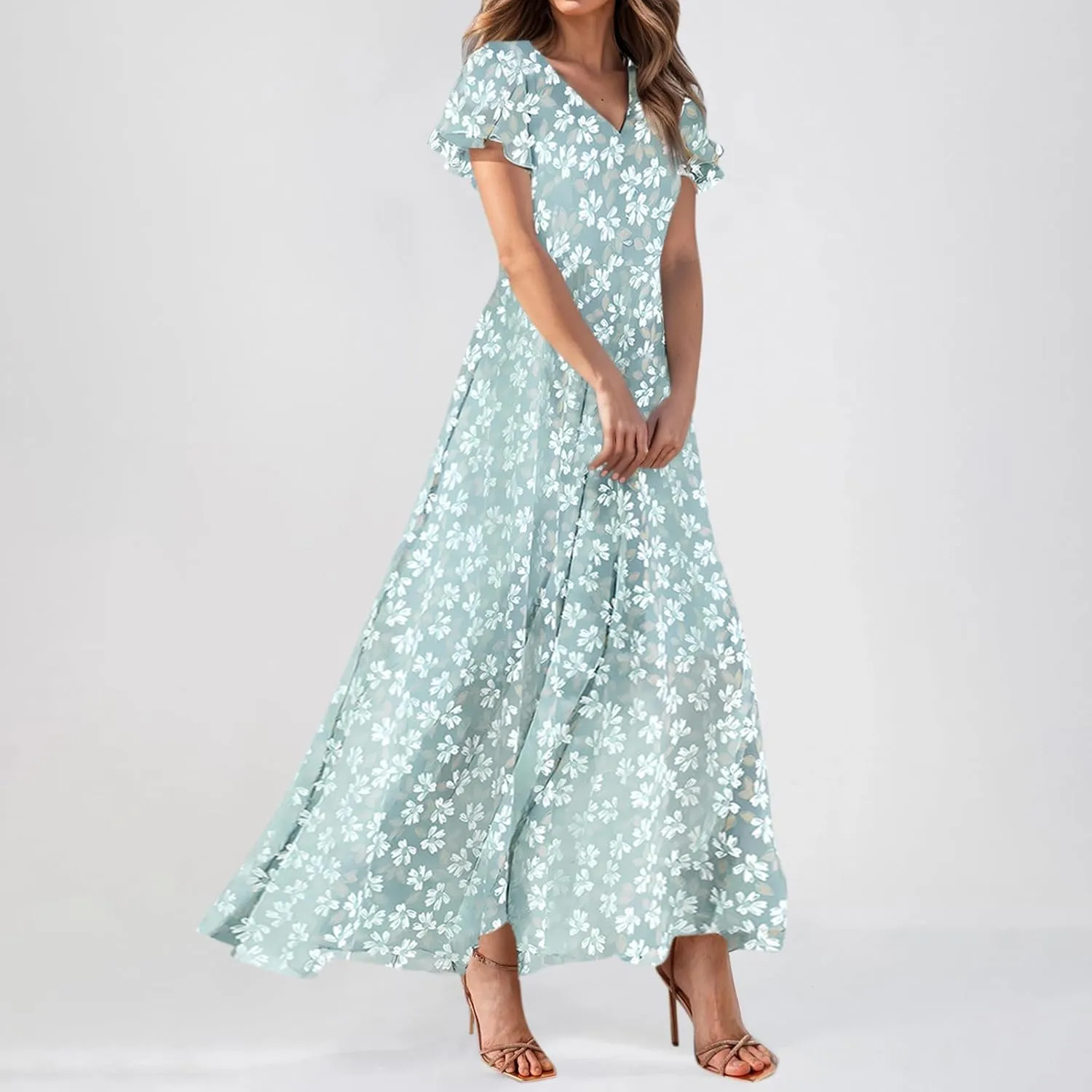Chiffon Dresses for Women 2025 Elegant Flutter Sleeve Long Flowy Floral Maxi Dress Womens Plus Size Summer Dresses