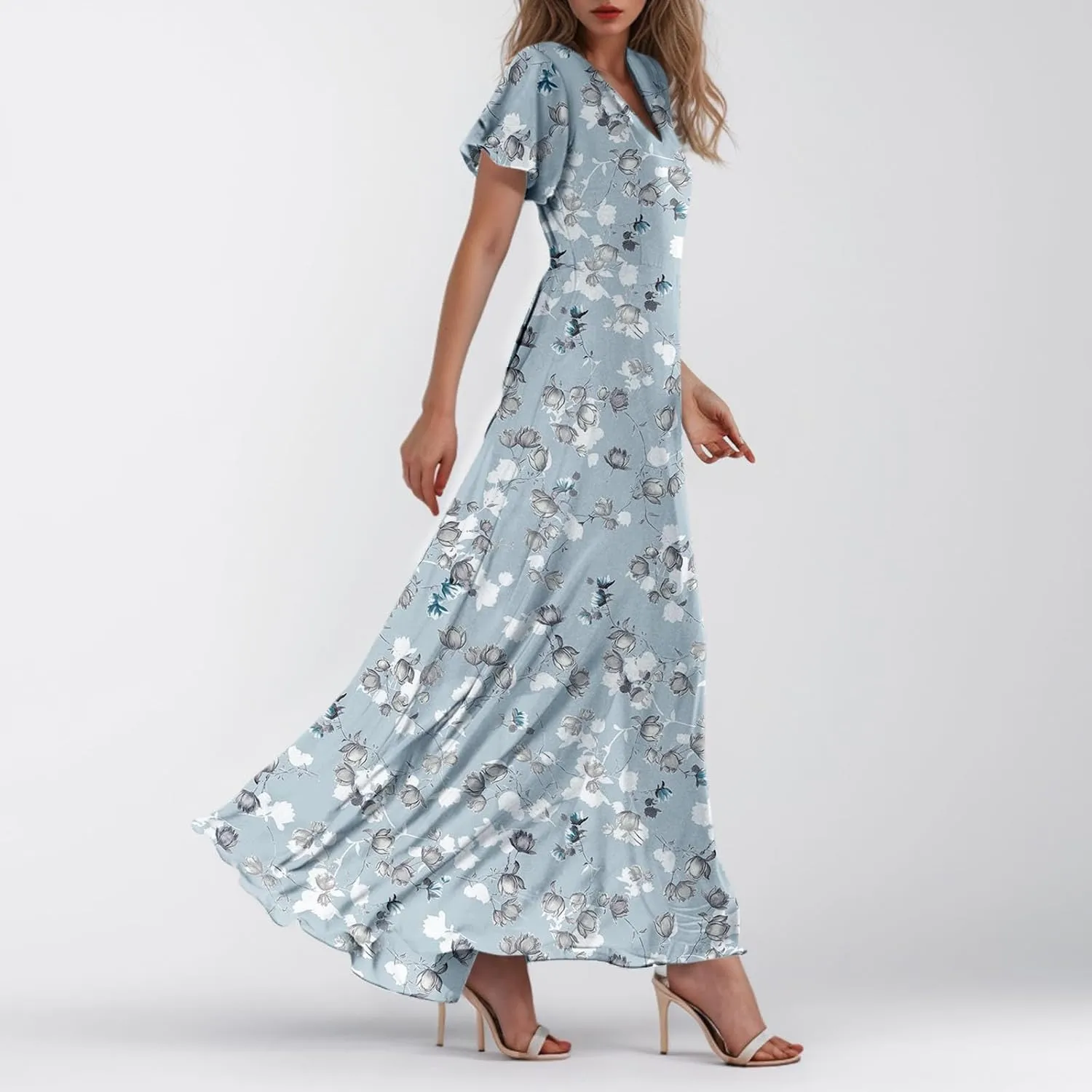 Chiffon Dresses for Women 2025 Elegant Flutter Sleeve Long Flowy Floral Maxi Dress Womens Plus Size Summer Dresses