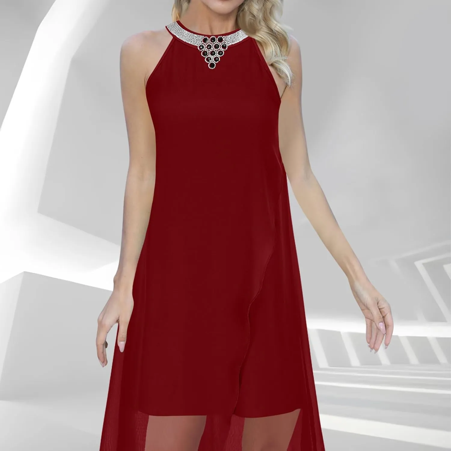 Chiffon Halter Dress for Women Dressy Tiered Evening Cocktail Party Dress Plus Size Choker Neck Swing Midi Sundress