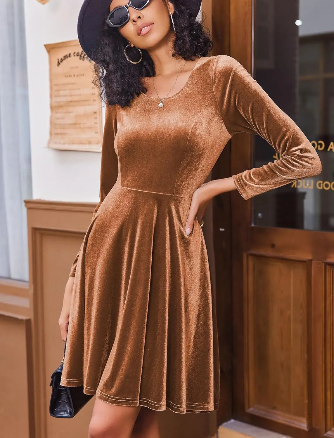 Chigant Women's Velvet Dress Long Sleeve Cocktail Christmas Party Club Dresses Flare Swing Mini Prom Dress for Wedding Guest