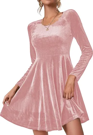 Chigant Women's Velvet Dress Long Sleeve Cocktail Christmas Party Club Dresses Flare Swing Mini Prom Dress for Wedding Guest