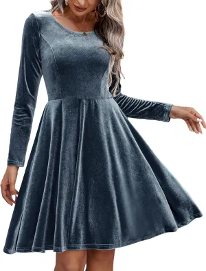 Chigant Women's Velvet Dress Long Sleeve Cocktail Christmas Party Club Dresses Flare Swing Mini Prom Dress for Wedding Guest