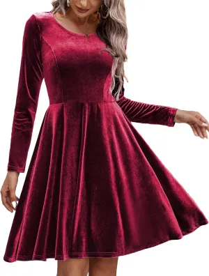 Chigant Women's Velvet Dress Long Sleeve Cocktail Christmas Party Club Dresses Flare Swing Mini Prom Dress for Wedding Guest