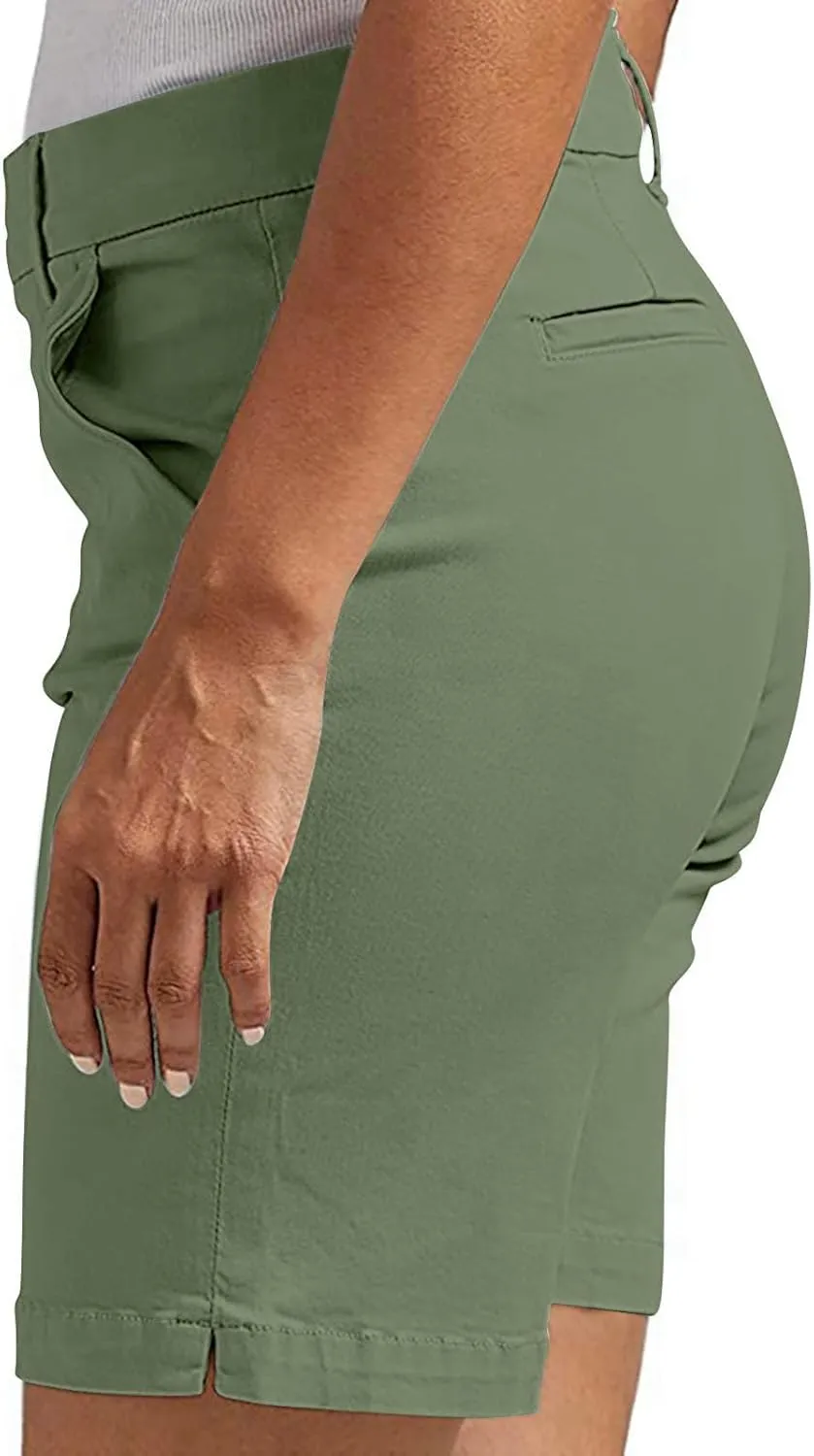 Chino Shorts for Women Comfy Casual Slim Fit Pull On Knee Length Shorts Solid Lounge Bermuda Shorts with Pockets