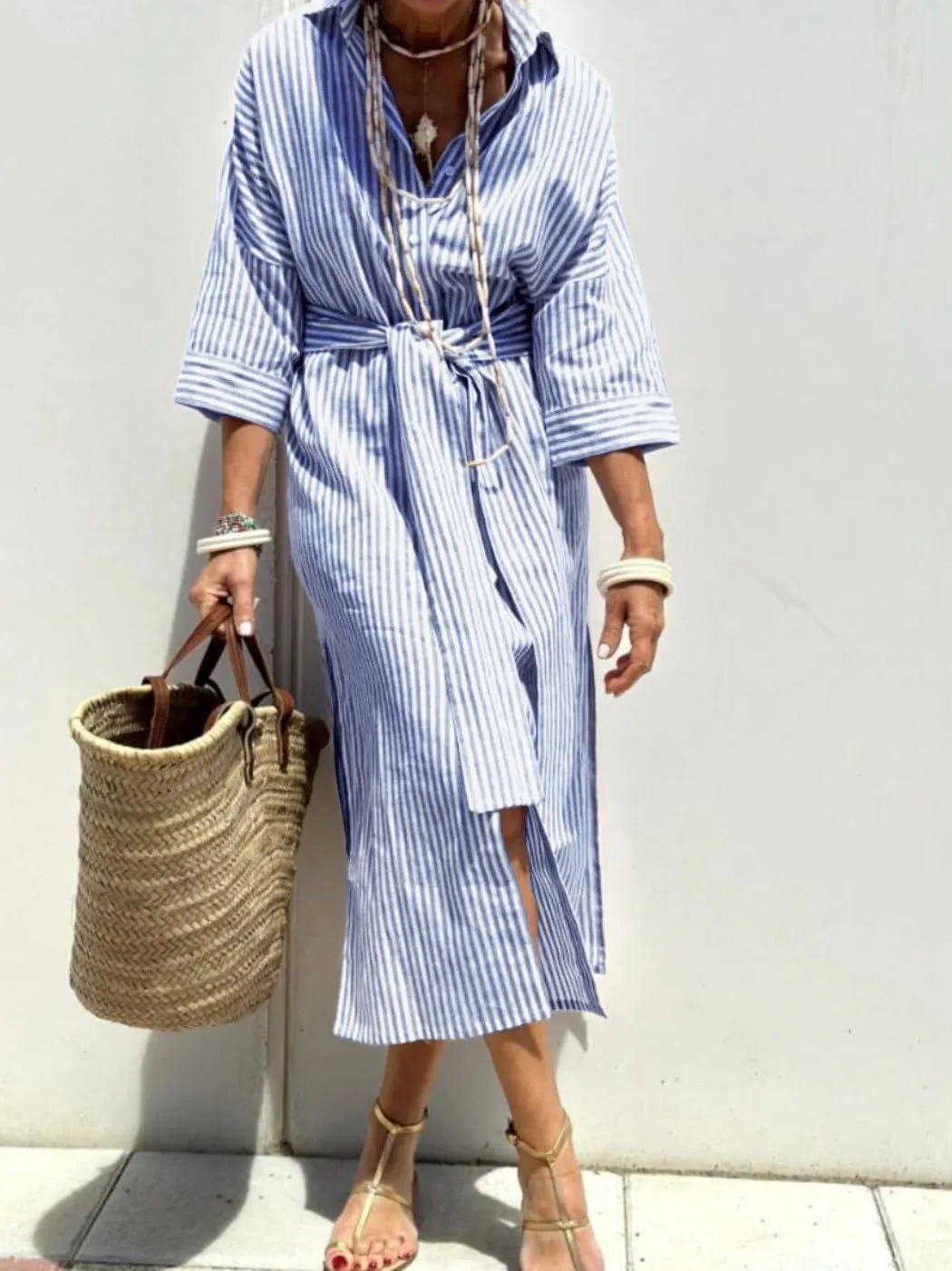 chouyatou Women's Summer 3/4 Sleeve Striped Shirt Dress Belted Maxi Long Casual Button Down Beach Dress
