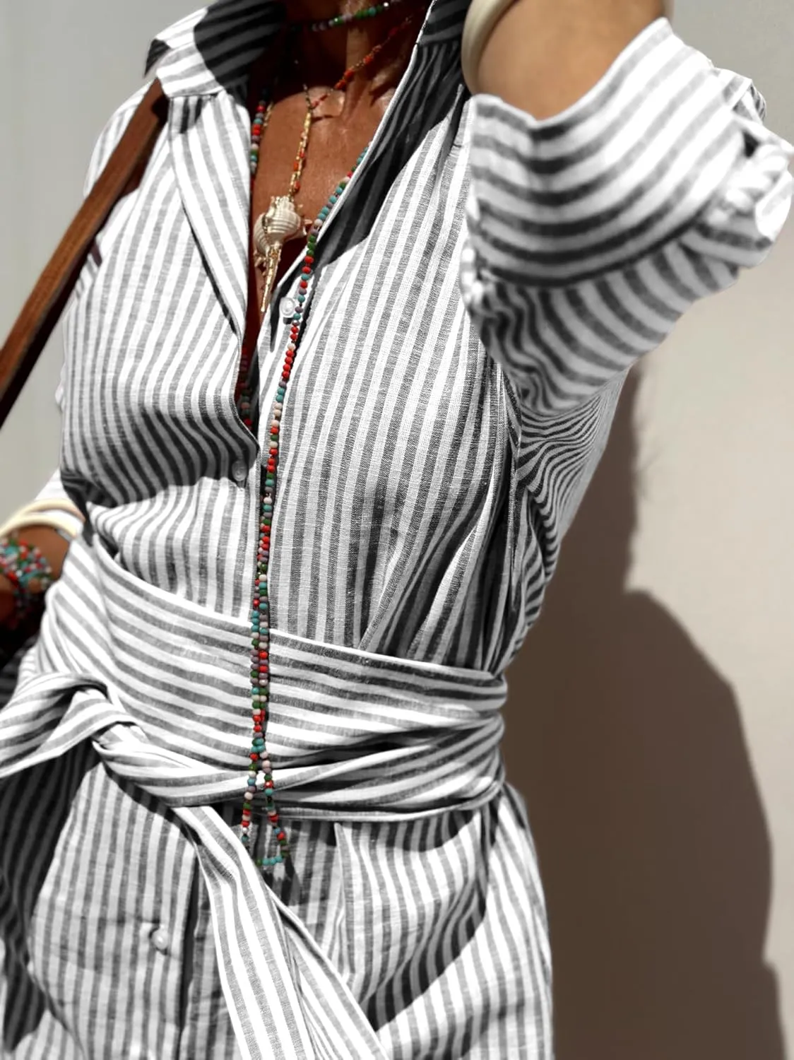 chouyatou Women's Summer 3/4 Sleeve Striped Shirt Dress Belted Maxi Long Casual Button Down Beach Dress