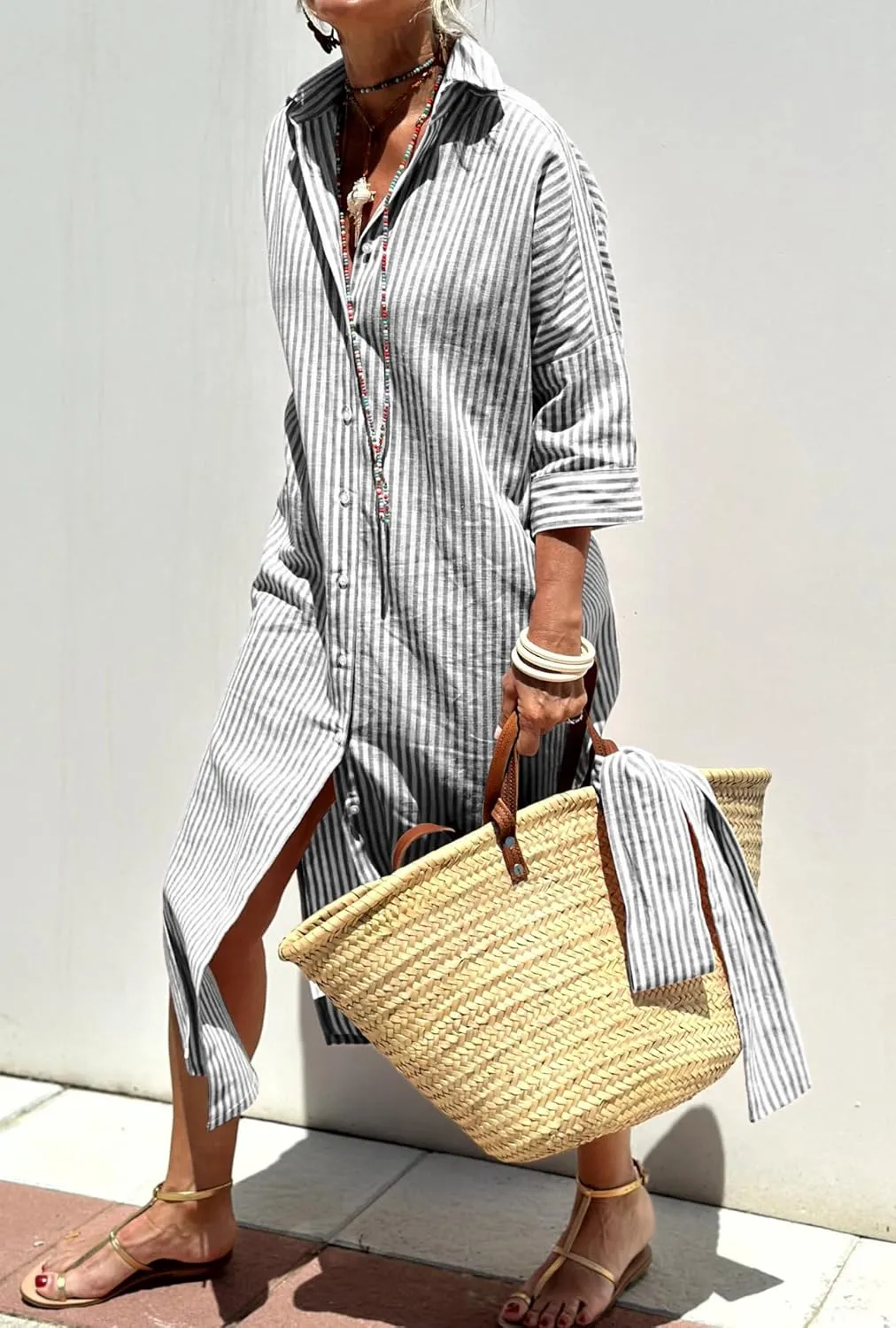 chouyatou Women's Summer 3/4 Sleeve Striped Shirt Dress Belted Maxi Long Casual Button Down Beach Dress