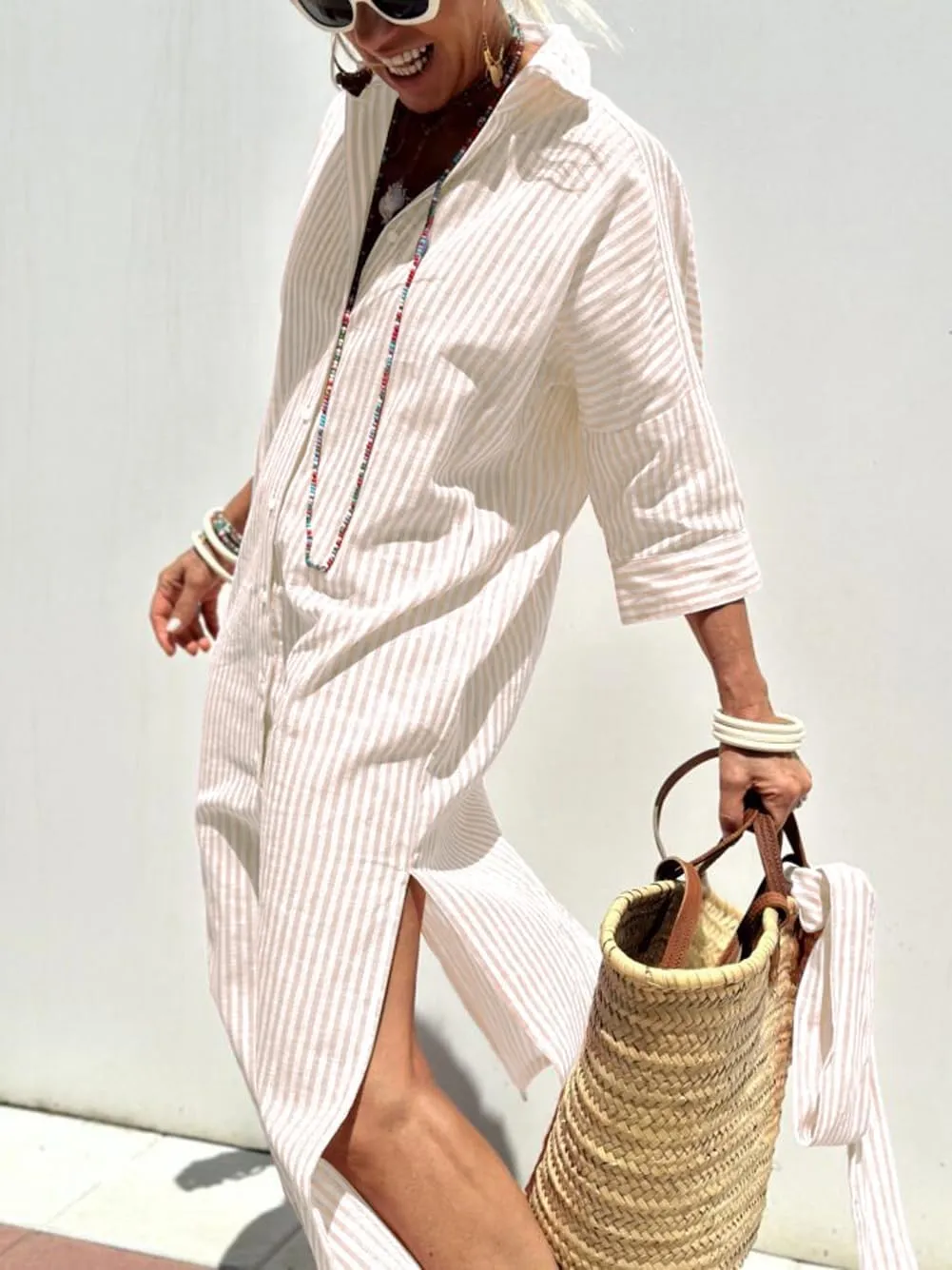 chouyatou Women's Summer 3/4 Sleeve Striped Shirt Dress Belted Maxi Long Casual Button Down Beach Dress