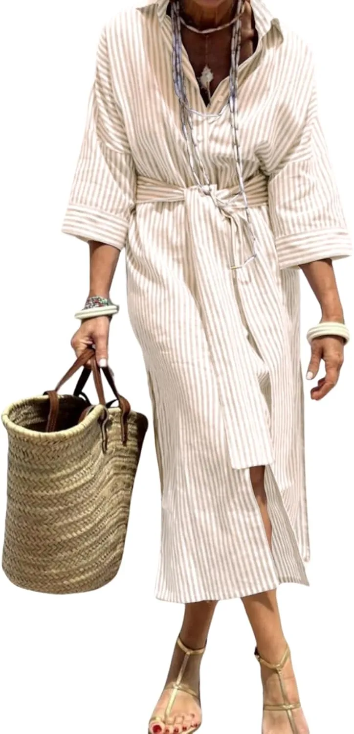 chouyatou Women's Summer 3/4 Sleeve Striped Shirt Dress Belted Maxi Long Casual Button Down Beach Dress