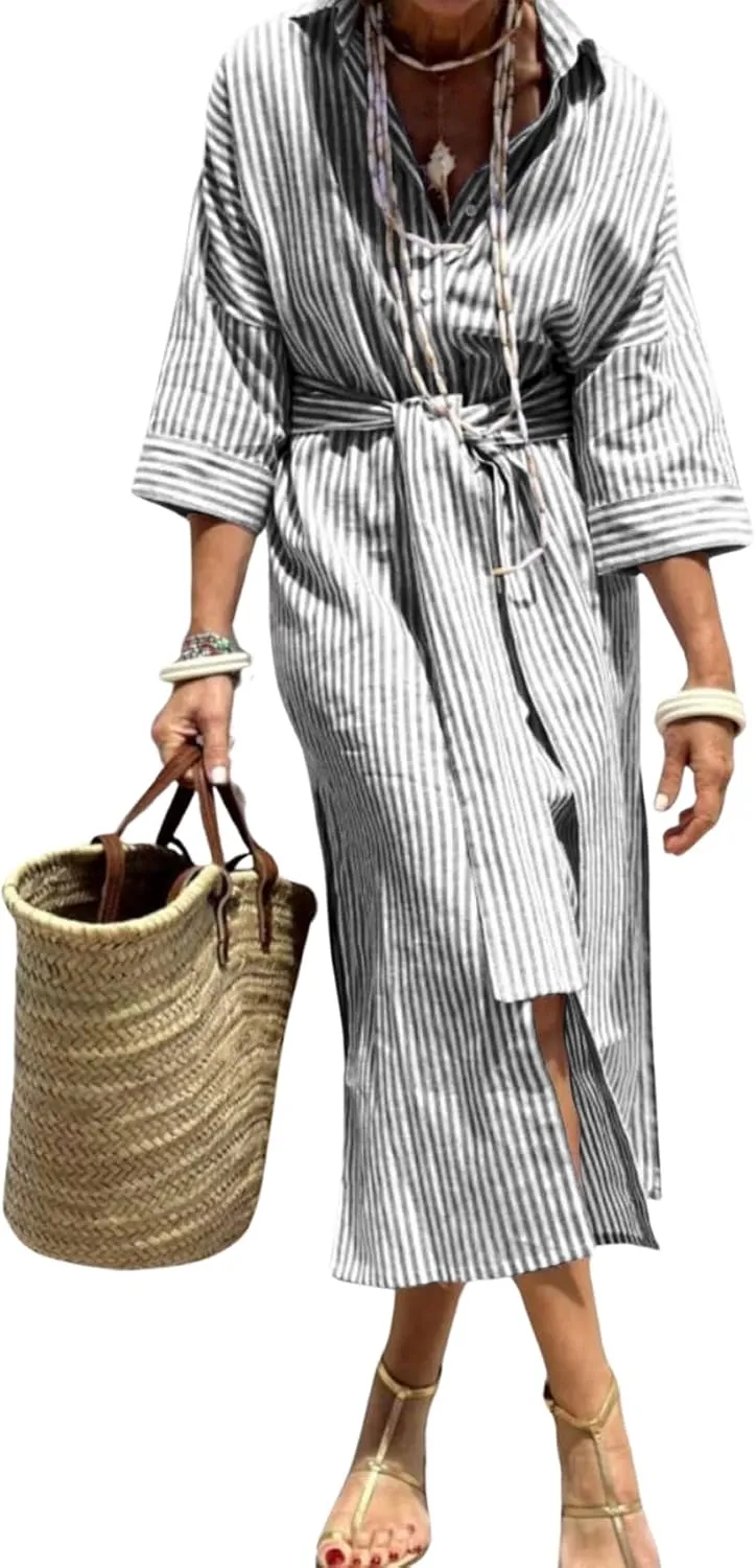 chouyatou Women's Summer 3/4 Sleeve Striped Shirt Dress Belted Maxi Long Casual Button Down Beach Dress