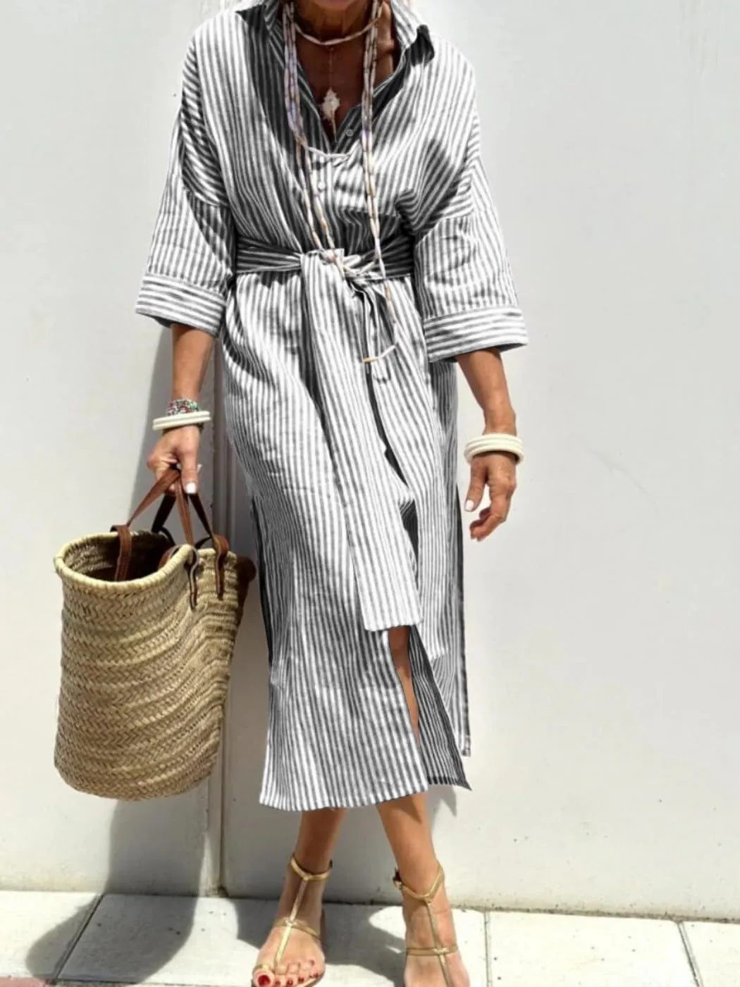 chouyatou Women's Summer 3/4 Sleeve Striped Shirt Dress Belted Maxi Long Casual Button Down Beach Dress