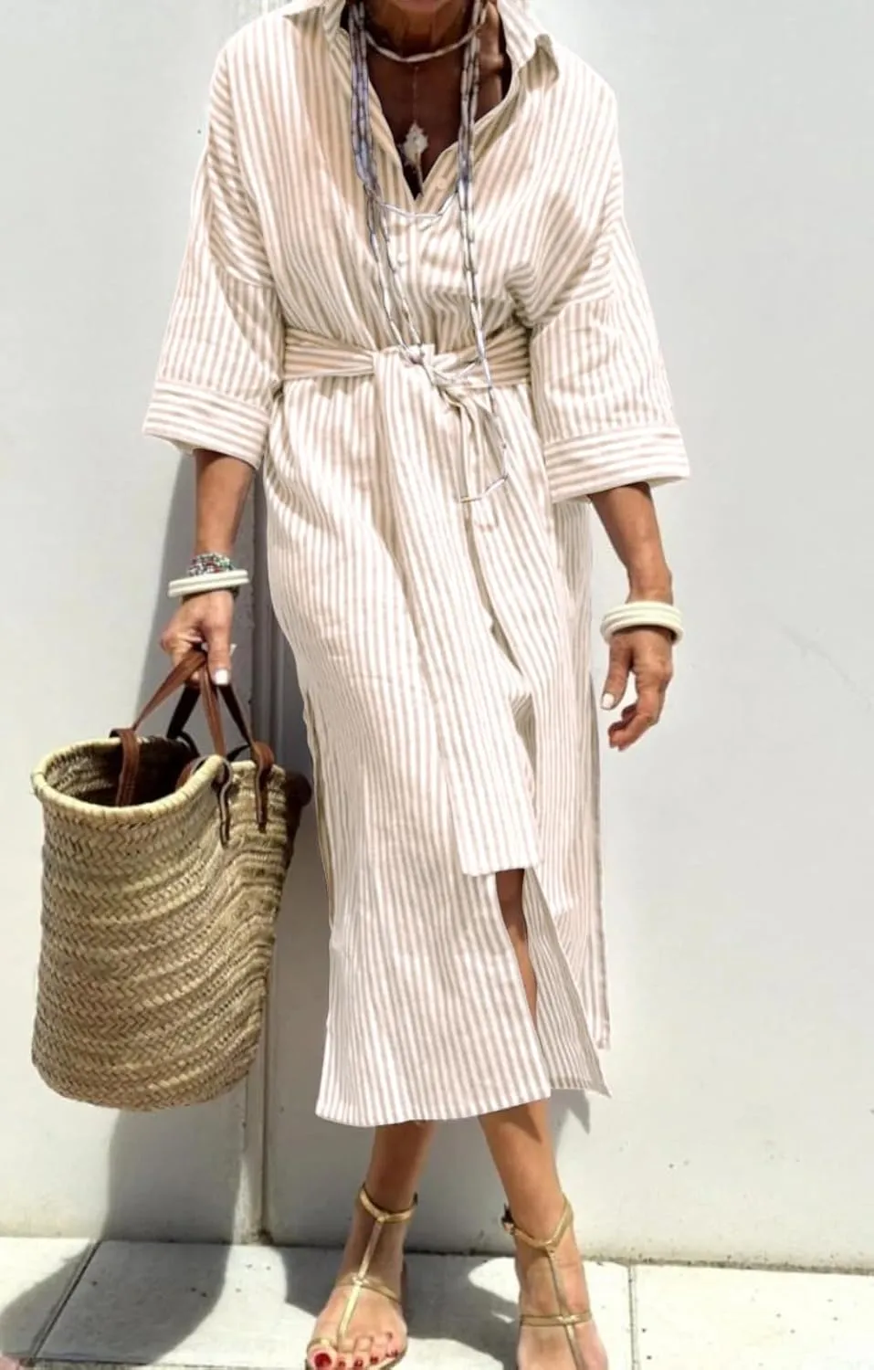 chouyatou Women's Summer 3/4 Sleeve Striped Shirt Dress Belted Maxi Long Casual Button Down Beach Dress