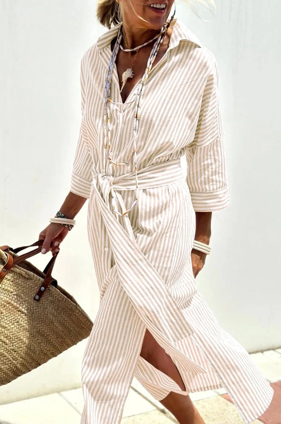 chouyatou Women's Summer 3/4 Sleeve Striped Shirt Dress Belted Maxi Long Casual Button Down Beach Dress