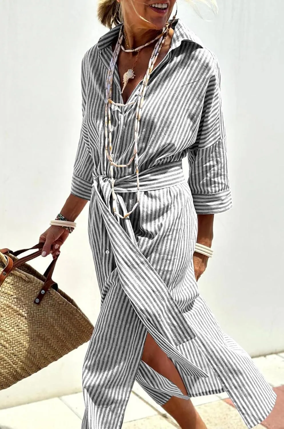 chouyatou Women's Summer 3/4 Sleeve Striped Shirt Dress Belted Maxi Long Casual Button Down Beach Dress