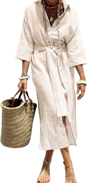 chouyatou Women's Summer 3/4 Sleeve Striped Shirt Dress Belted Maxi Long Casual Button Down Beach Dress