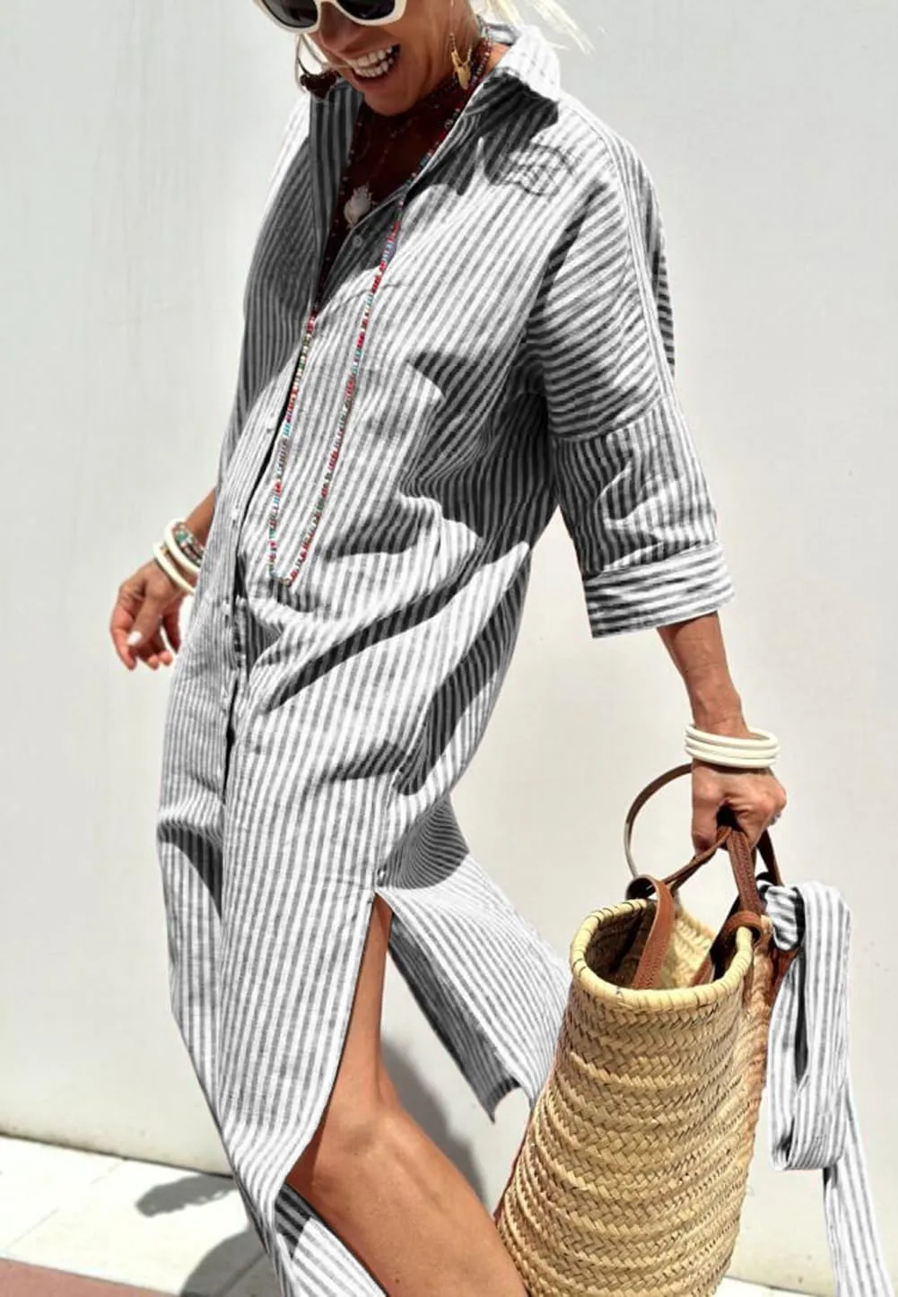 chouyatou Women's Summer 3/4 Sleeve Striped Shirt Dress Belted Maxi Long Casual Button Down Beach Dress