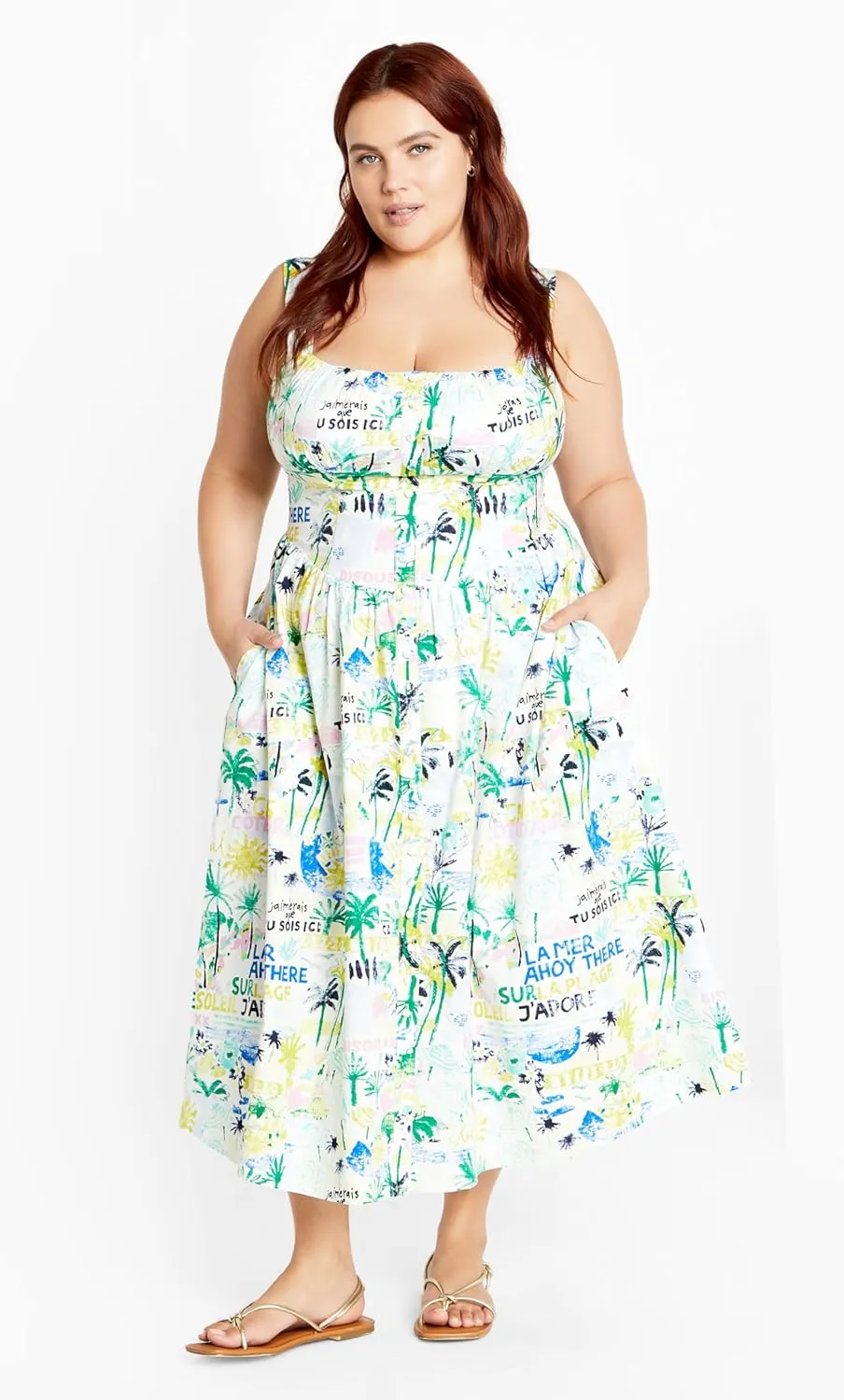 City Chic Women's Dress-Postcards Print Cotton