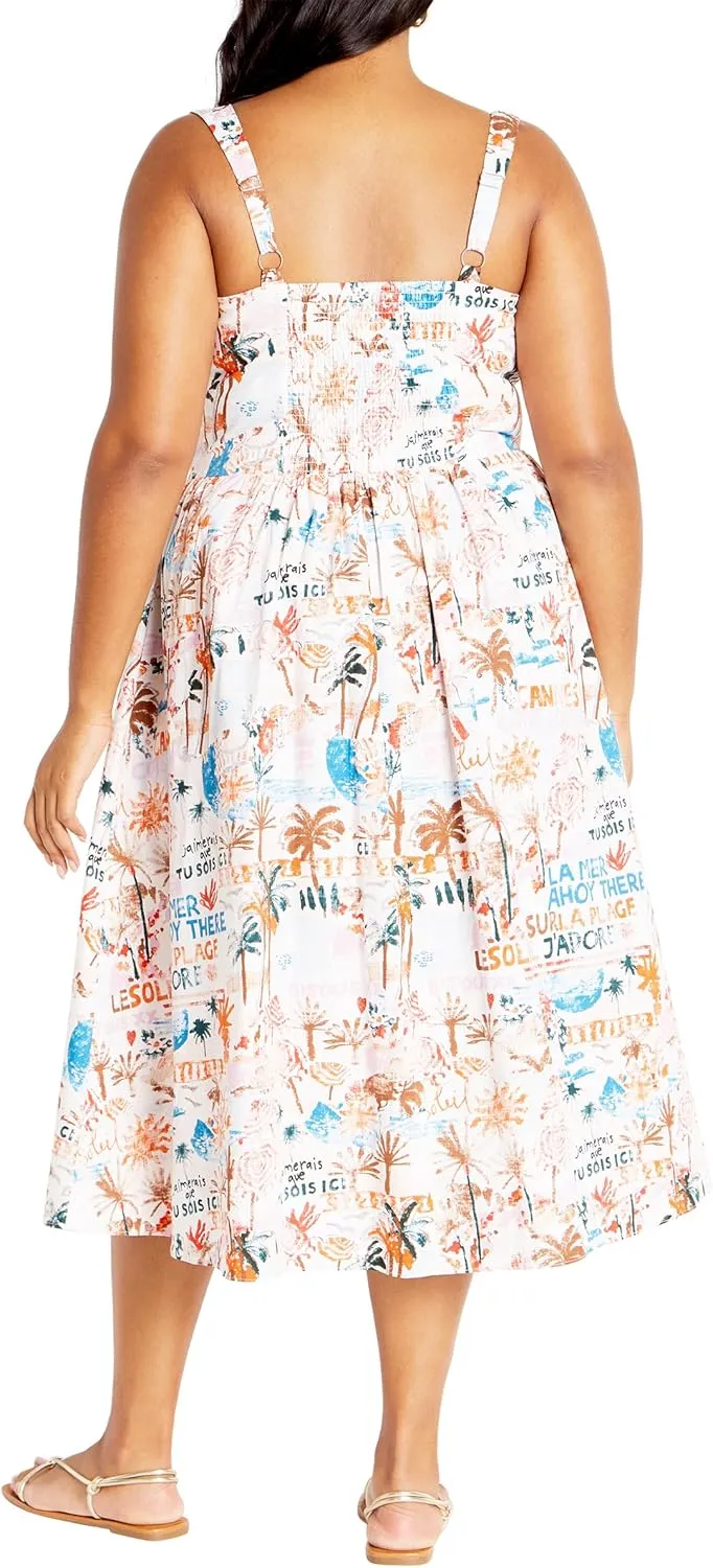 City Chic Women's Dress-Postcards Print Cotton