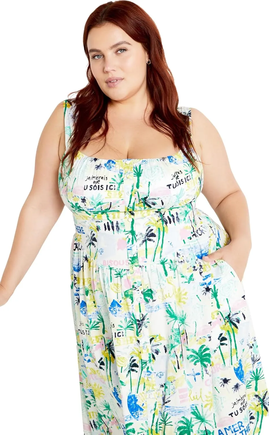 City Chic Women's Dress-Postcards Print Cotton