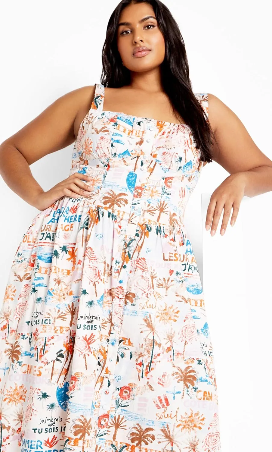 City Chic Women's Dress-Postcards Print Cotton