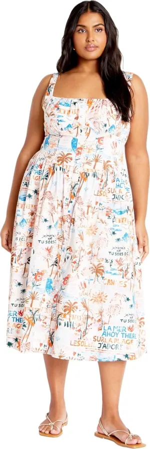 City Chic Women's Dress-Postcards Print Cotton