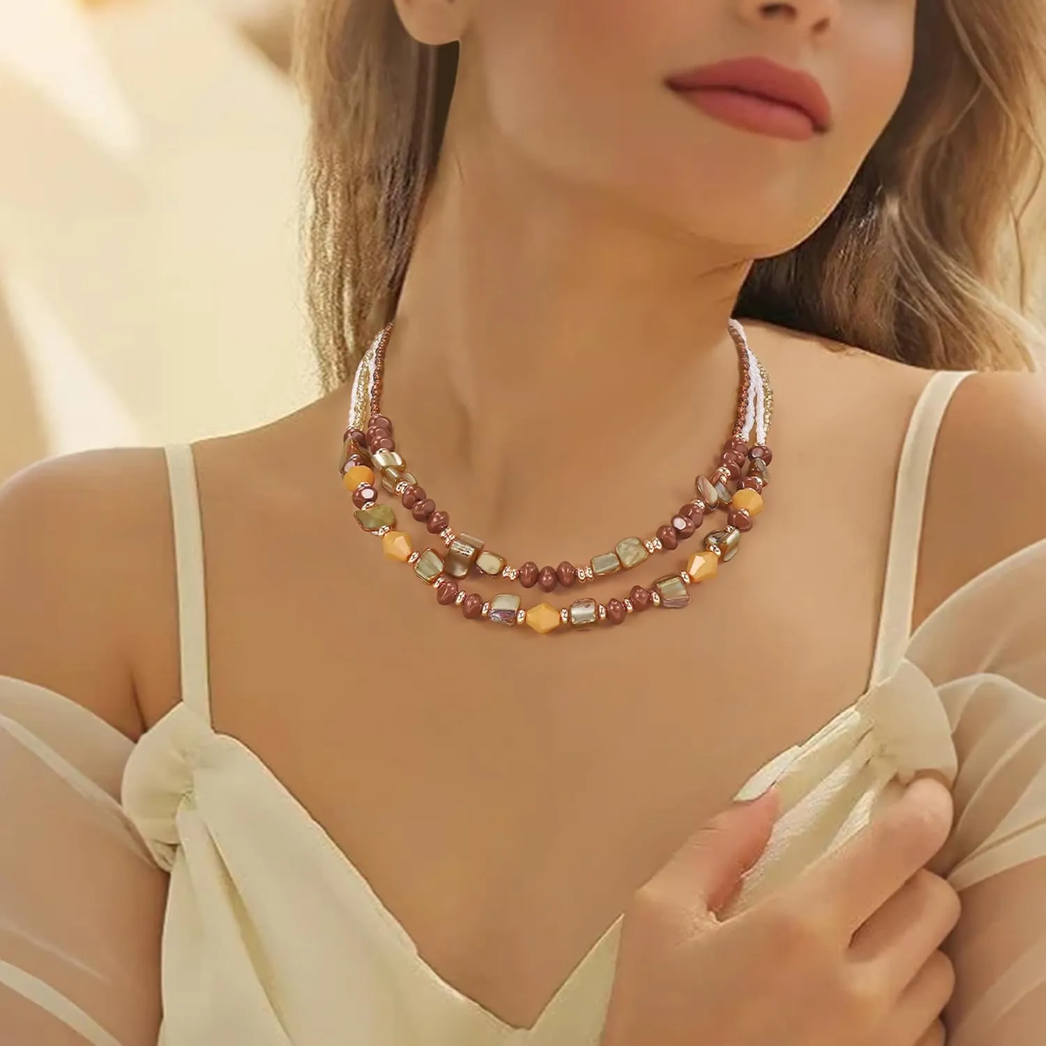 Coiris Layered Shell Beaded Necklaces for Women Handmade Boho Colored Bead Choker Necklace Holiday Style Costume Jewelry for Women
