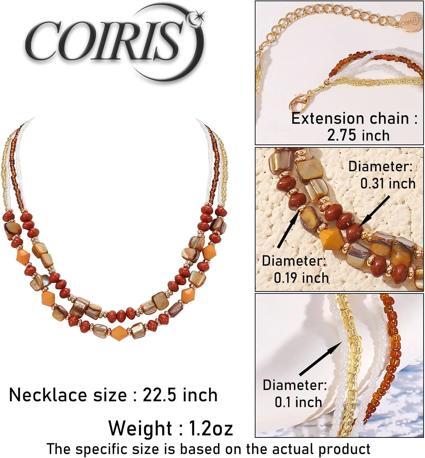 Coiris Layered Shell Beaded Necklaces for Women Handmade Boho Colored Bead Choker Necklace Holiday Style Costume Jewelry for Women