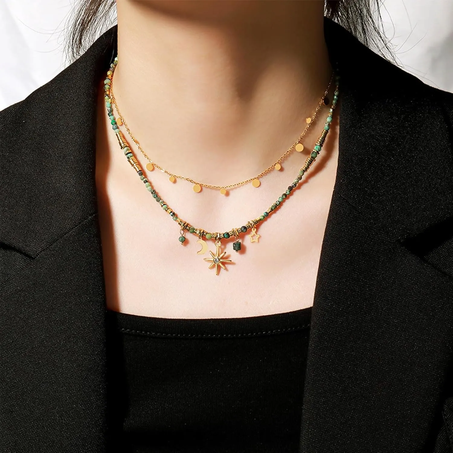Colorful Beaded Necklace 18K Gold Plated Necklace Y2K Necklaces for Women Trendy Gemstone Necklace Natural Stone Freshwater Pearl Surfer Necklace Set??