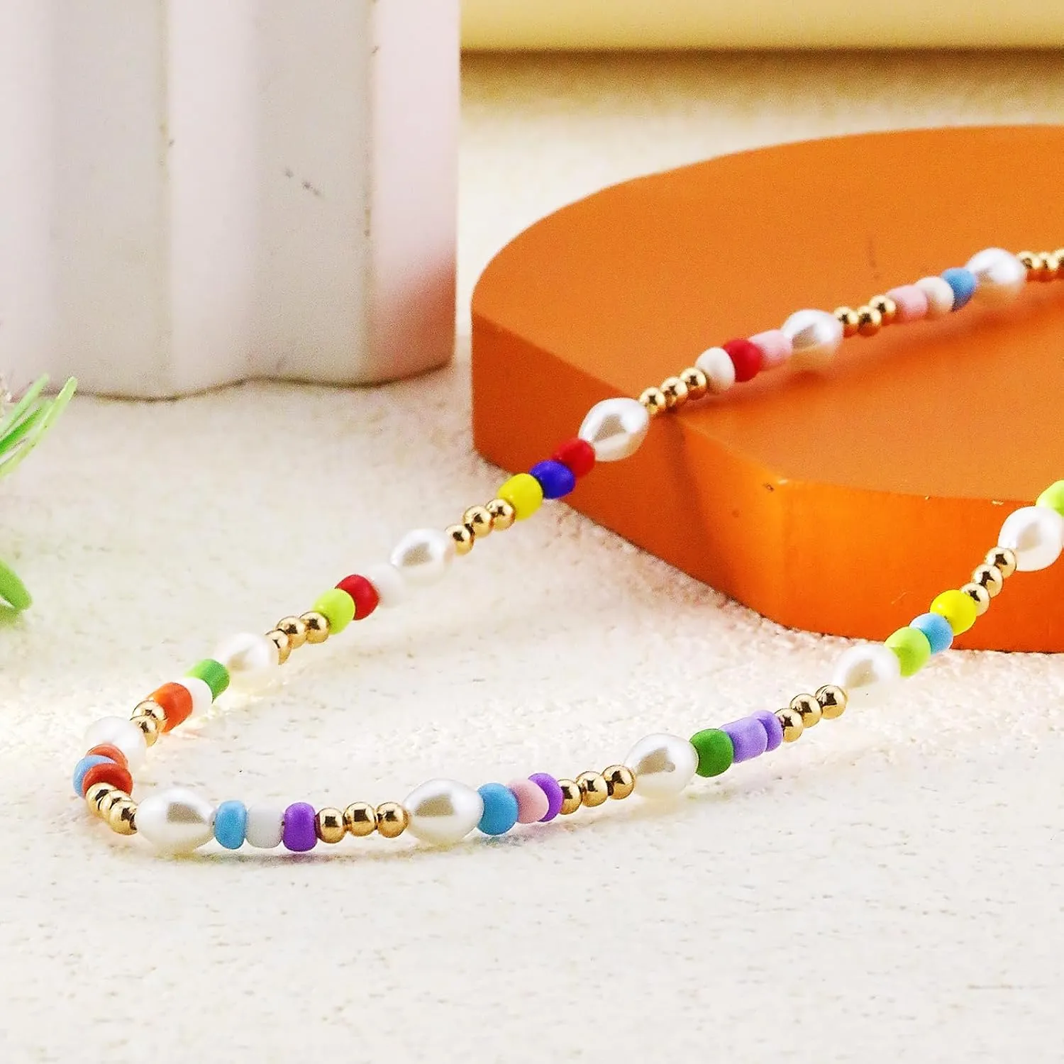 Colorful Beaded Necklaces for Women Dainty Boho Choker Y2K Trendy Summer Beach Vacation Pearl Necklace Accessories Jewelry
