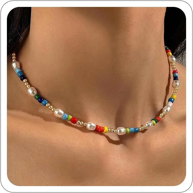 Colorful Beaded Necklaces for Women Dainty Boho Choker Y2K Trendy Summer Beach Vacation Pearl Necklace Accessories Jewelry