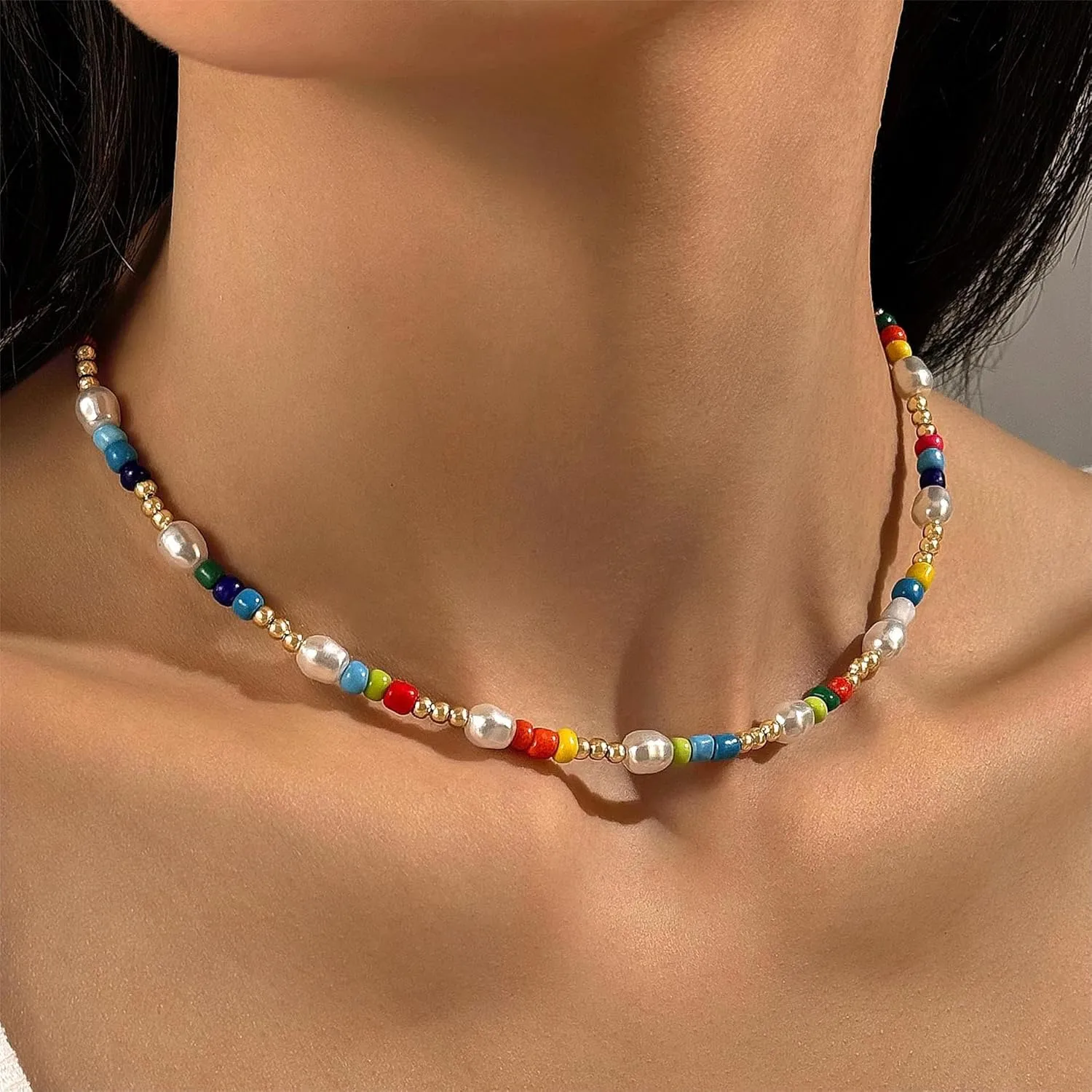 Colorful Beaded Necklaces for Women Dainty Boho Choker Y2K Trendy Summer Beach Vacation Pearl Necklace Accessories Jewelry