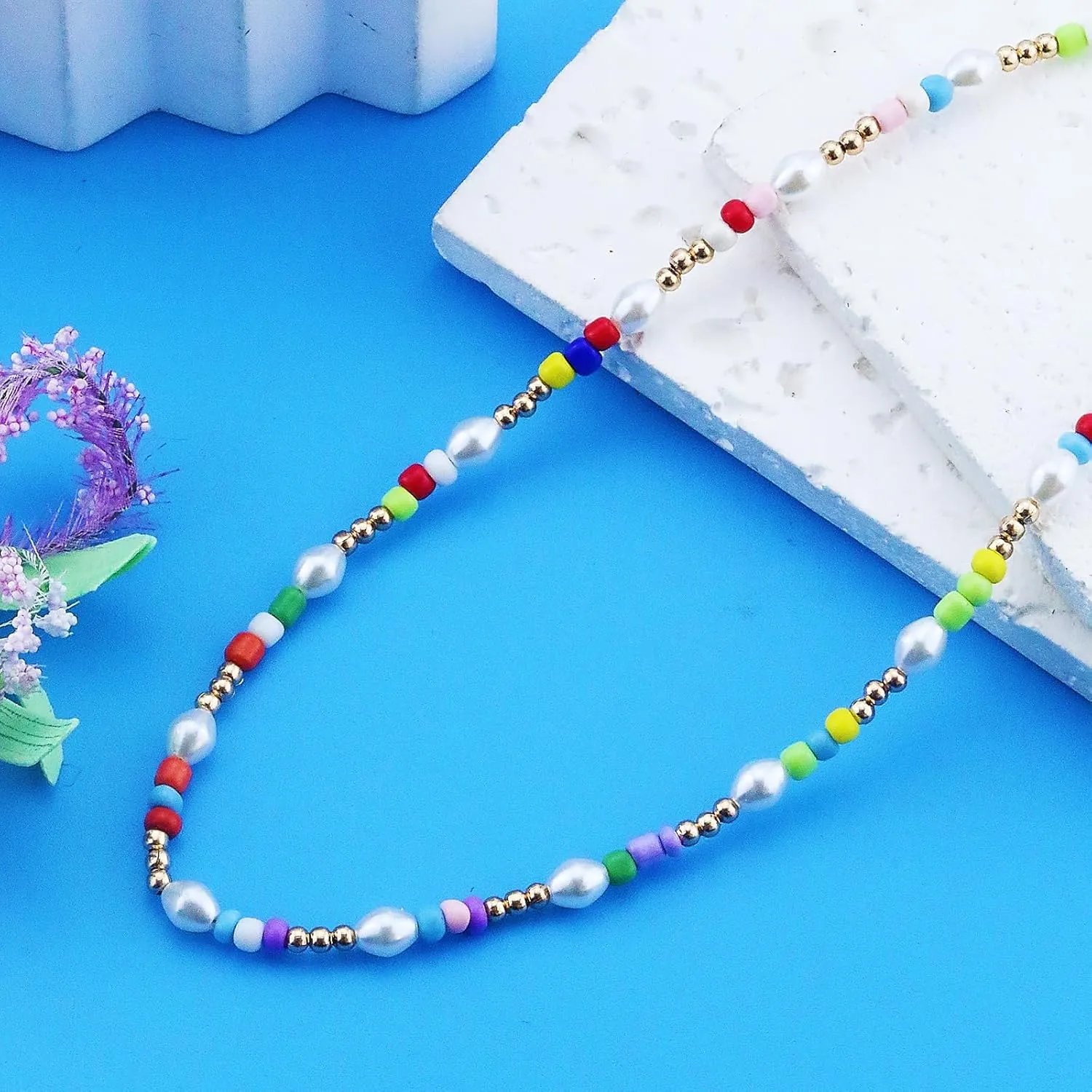 Colorful Beaded Necklaces for Women Dainty Boho Choker Y2K Trendy Summer Beach Vacation Pearl Necklace Accessories Jewelry