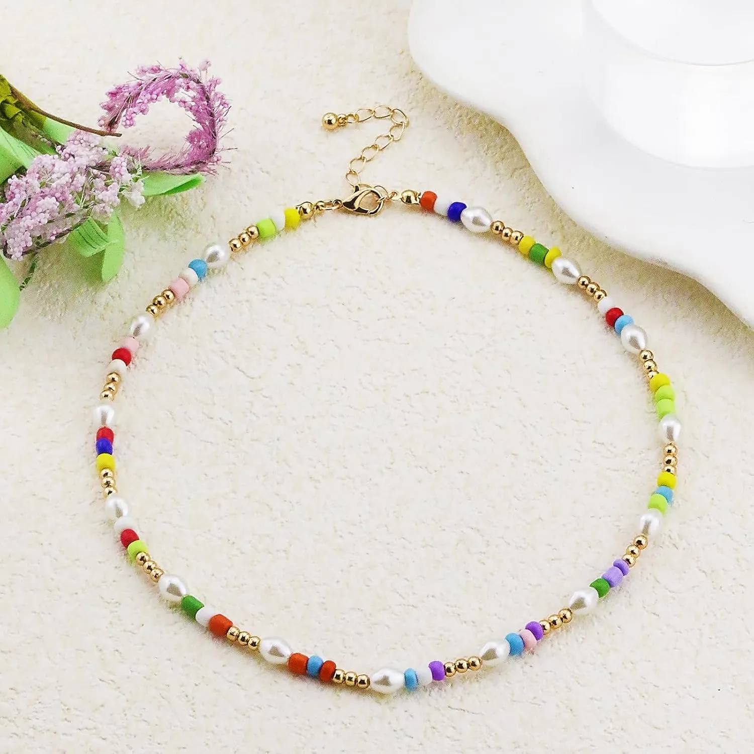 Colorful Beaded Necklaces for Women Dainty Boho Choker Y2K Trendy Summer Beach Vacation Pearl Necklace Accessories Jewelry