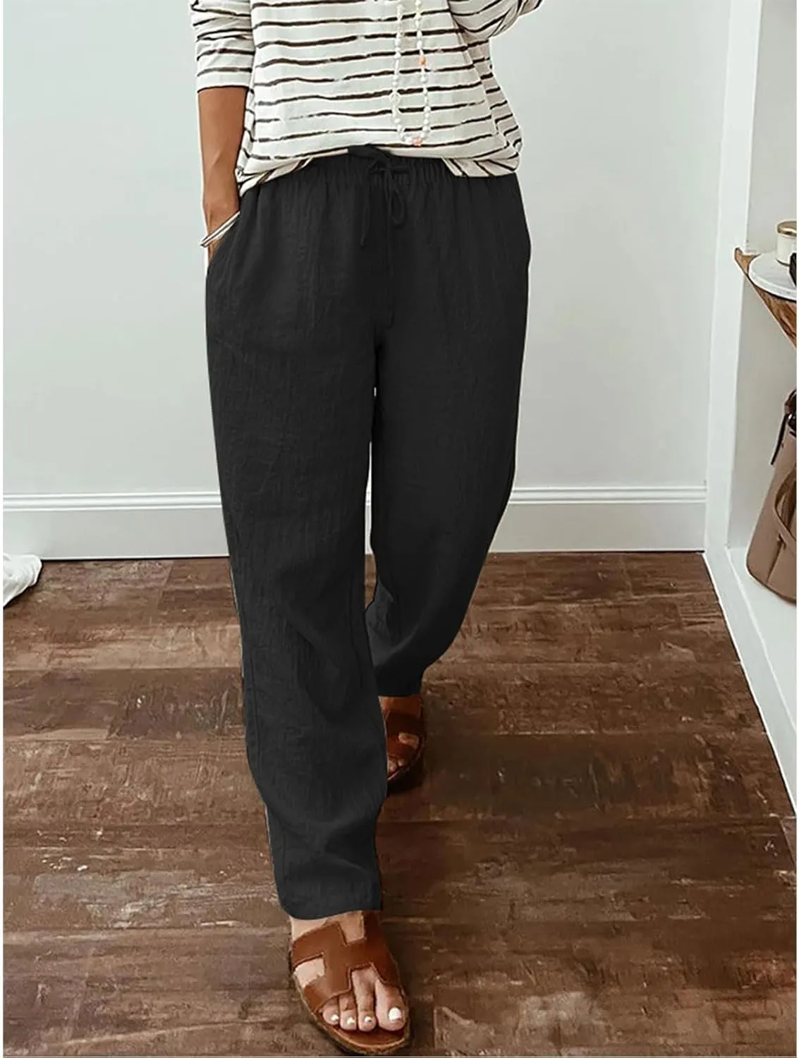 Cotton Linen Pants Casual Tapered Ankle Summer Womens Elastic Waist Drawstring Casual Trousers Sweatpants with Pocket