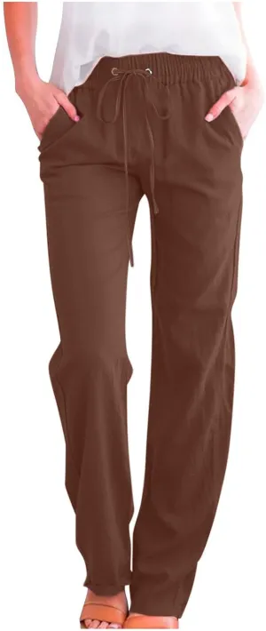 Cotton Linen Pants for Women Drawstring Straight Leg Trousers Lightweight High Waist Casual Pant Beach Travel Clothes