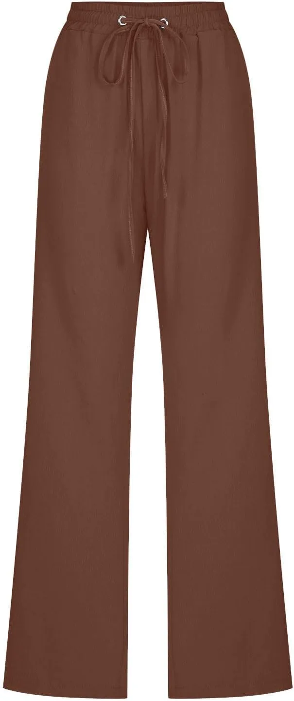 Cotton Linen Pants for Women Drawstring Straight Leg Trousers Lightweight High Waist Casual Pant Beach Travel Clothes