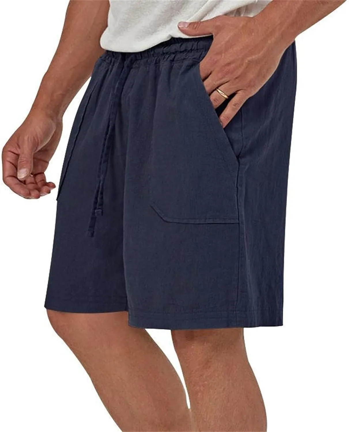 Cotton Linen Shorts for Men Elastic Waist Drawstring Summer Beach Shorts with Pockets Athletic Fit Lightweight Workout Shorts