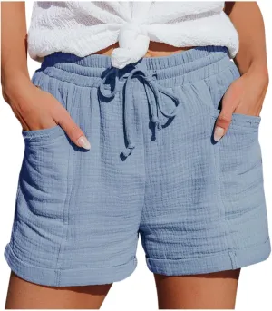 Cotton Linen Shorts for Women Drawstring Elastic High Waist Casual Summer Shorts Lightweight Baggy Comfy Shorts with Pockets
